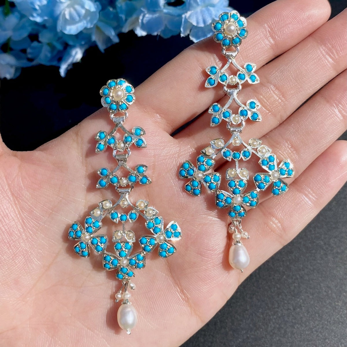 pearl drop earrings studded with pearls and turquoise