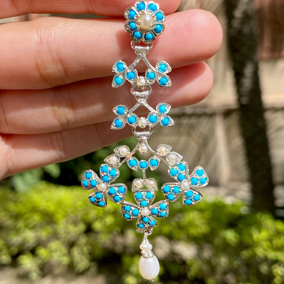 turquoise and seed pearl bohemian earrings on silver