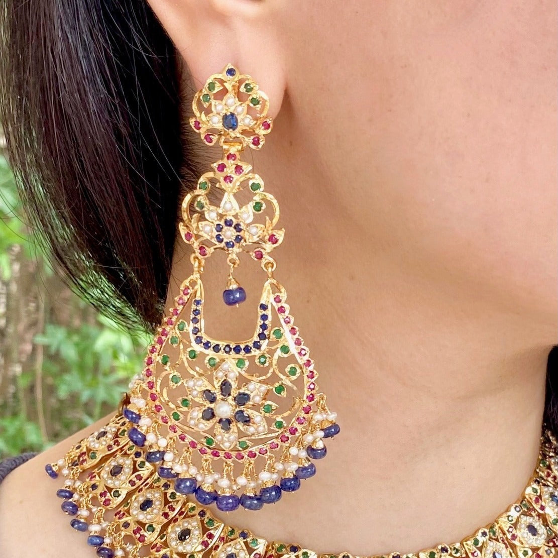 Gold Plated Chandelier Earrings | Multicolored Jadau Jewelry ER 599