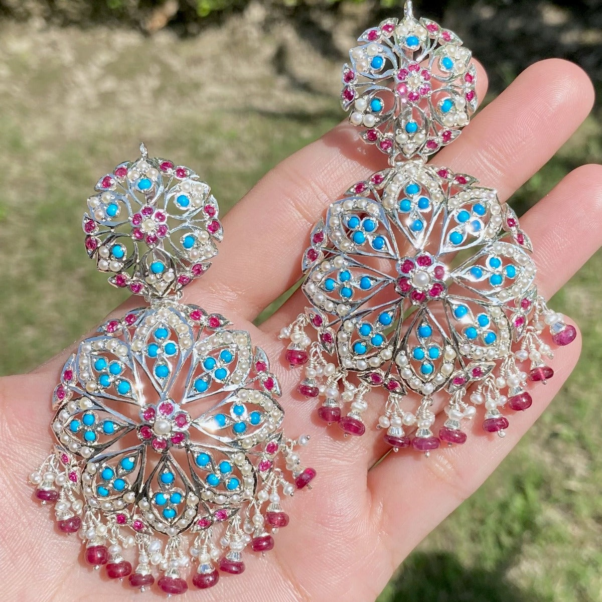 white silver jadau earrings 