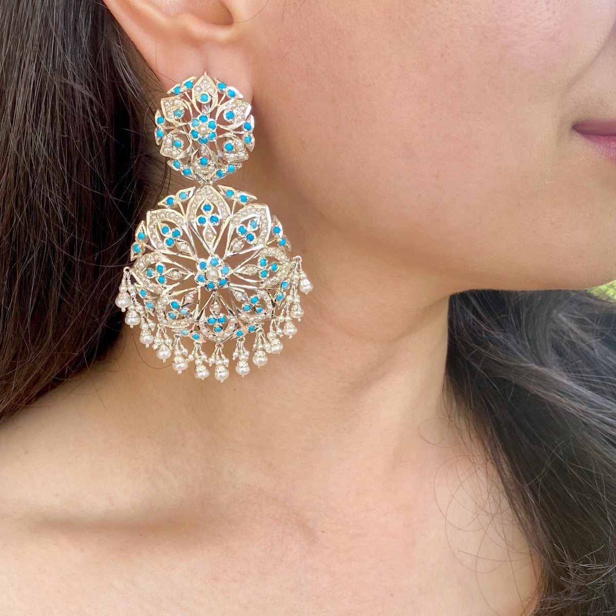 bohemian turquoise and pearl earrings