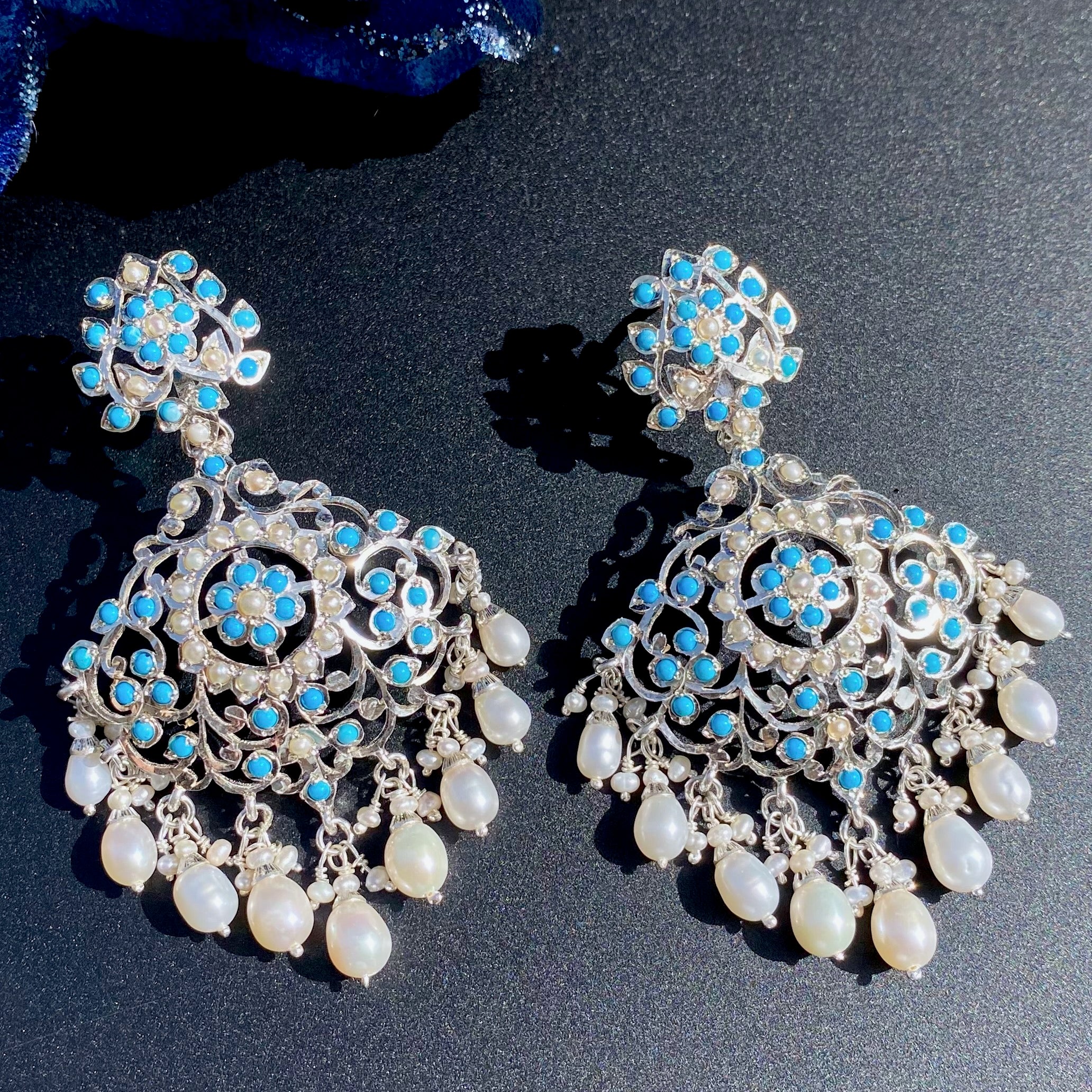 Silver Danglers with Pearls & Turquoise | Edwardian Design SER 086