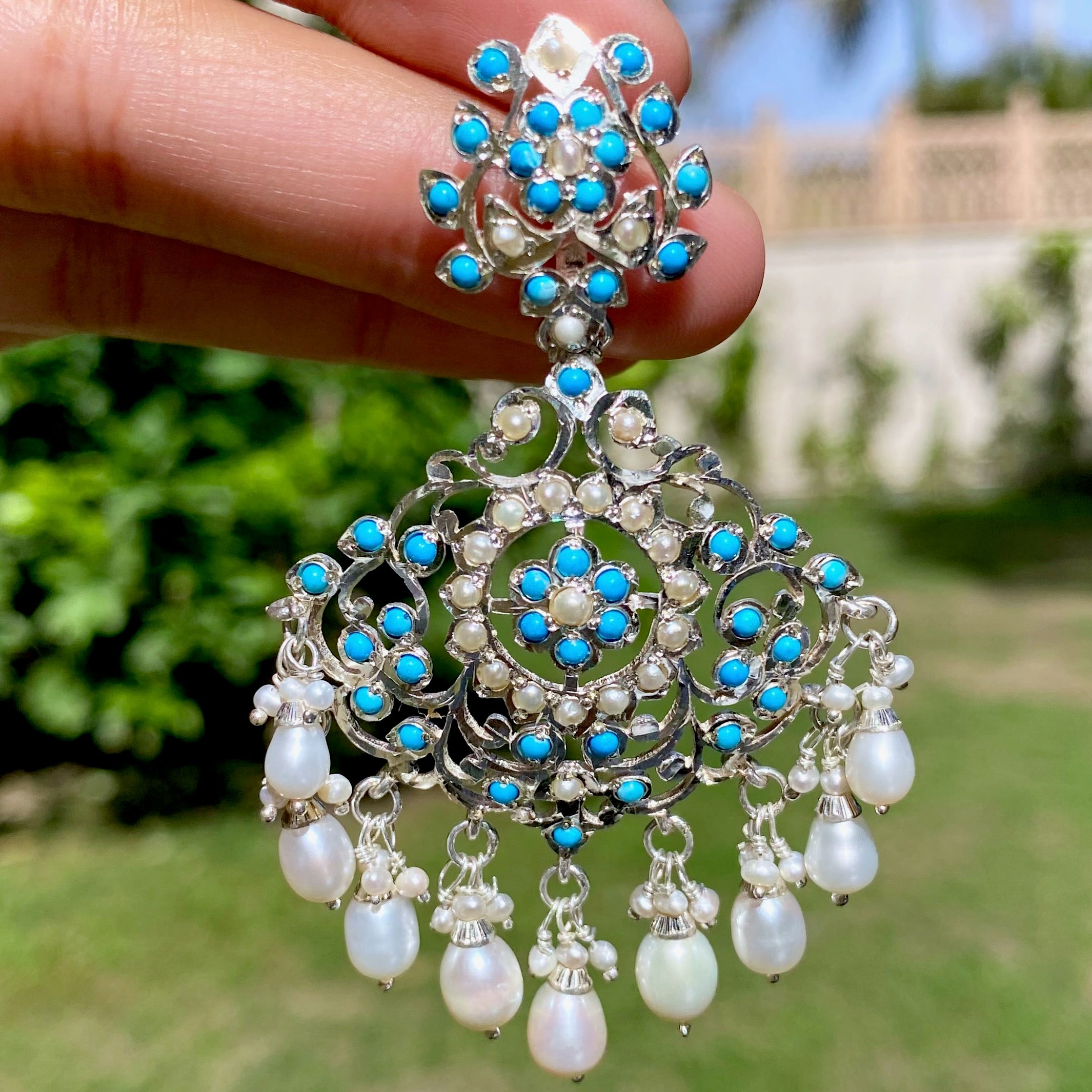 Silver Danglers with Pearls & Turquoise | Edwardian Design SER 086