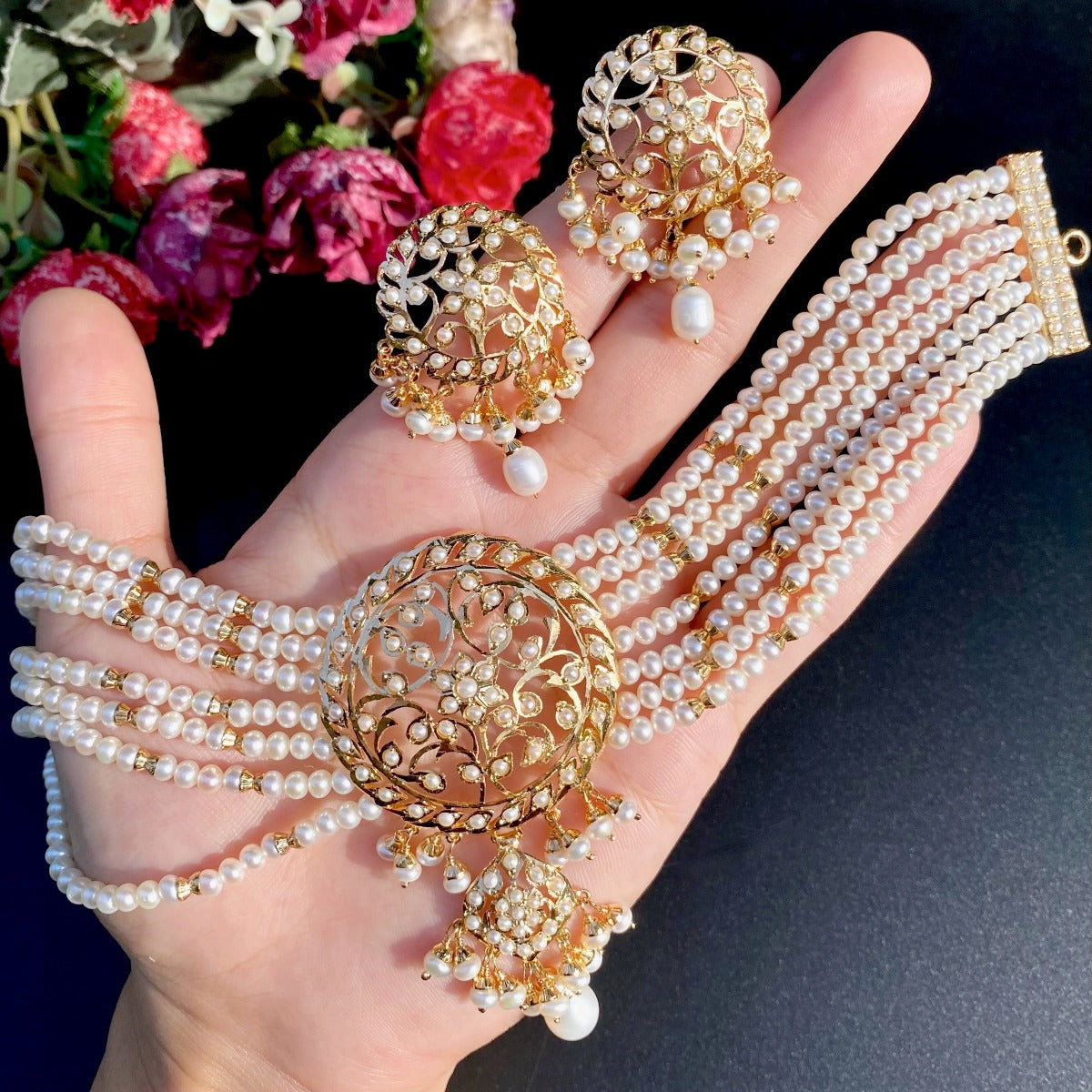 gold plated real pearl choker set mumbai