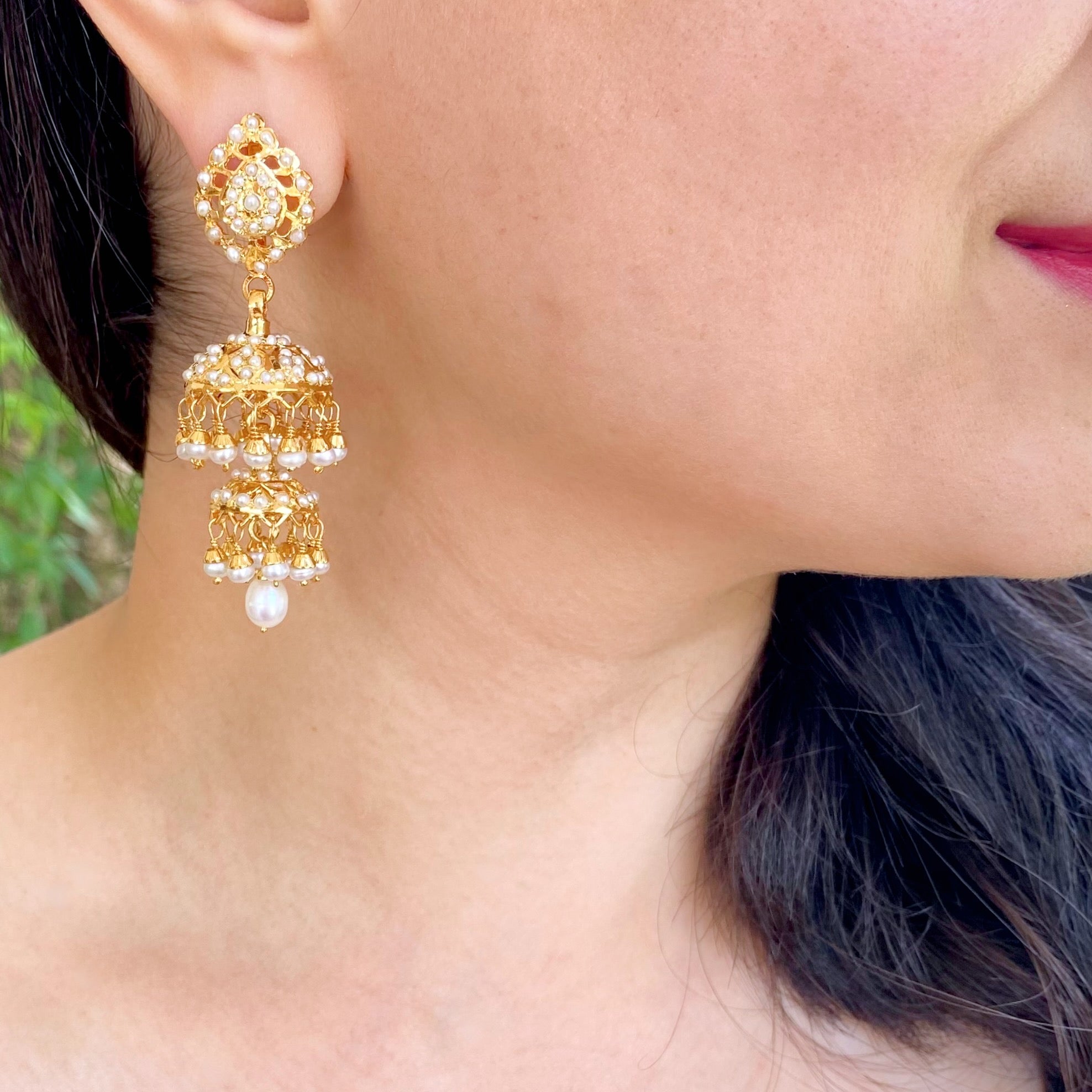 All Pearl Double Jhumki Earrings | Traditional Hyderabadi Jadau Jewelry | ER 678