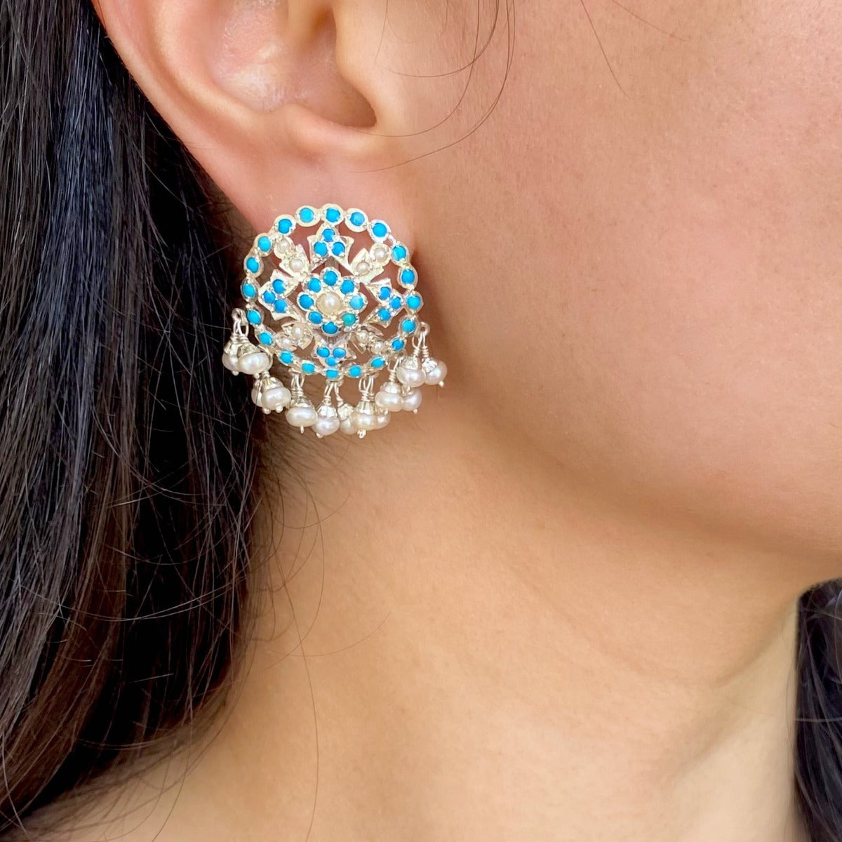 3 Round Turquoise Cluster Stud Earrings 14kyg - Sarah O.