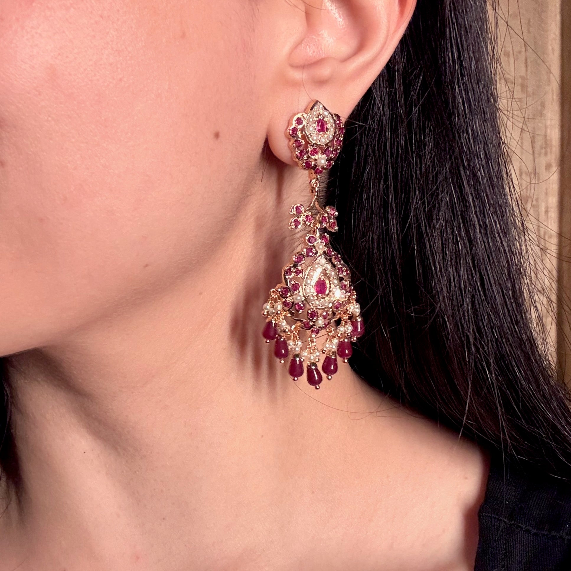Cute Jadau Dangler Earrings | Pearls & Red Drops | Ethnic Fashion Earrings BER 016
