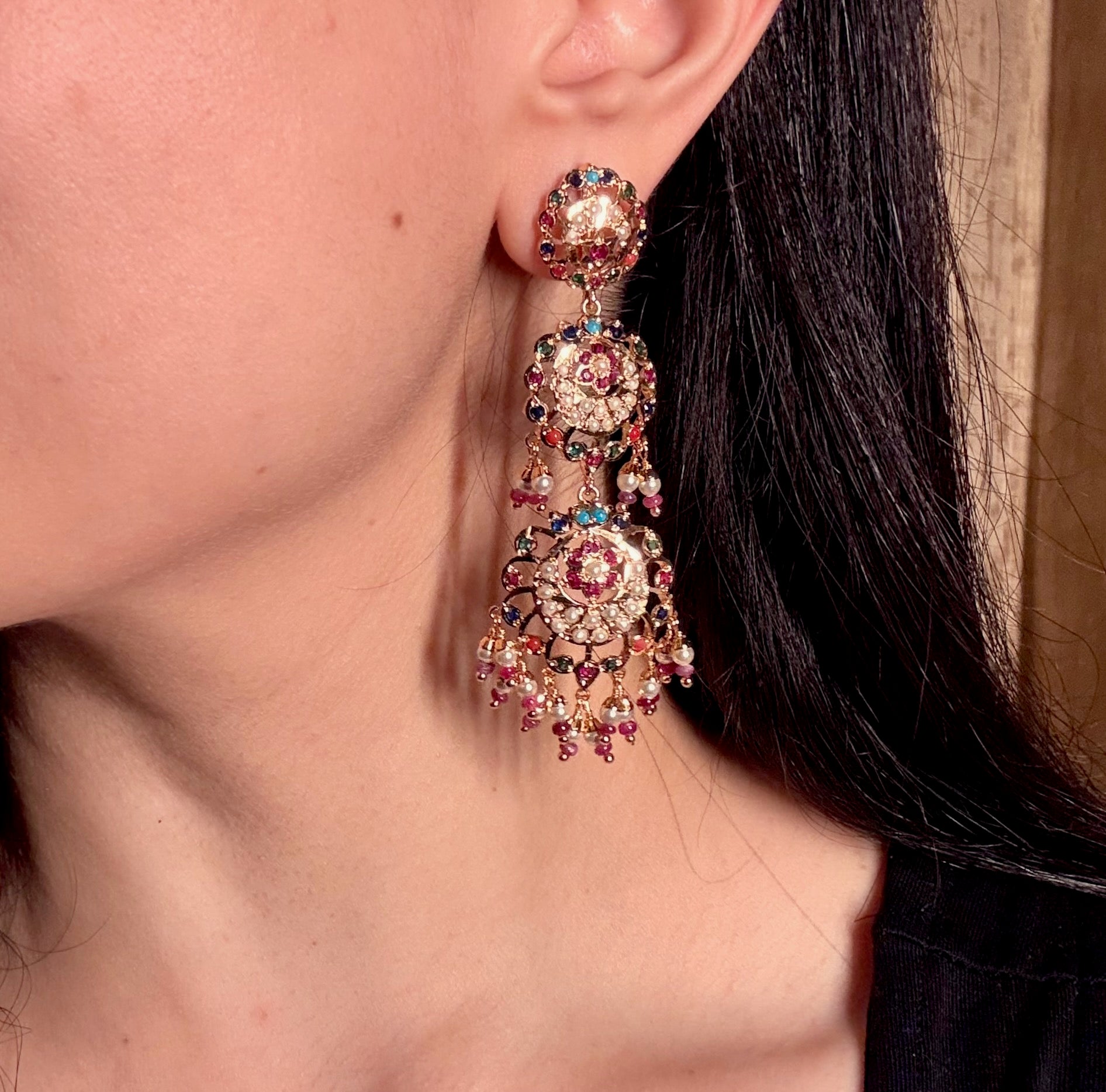 Long Navratna Danglers | Gold Plated on Mixed Metal BER 022
