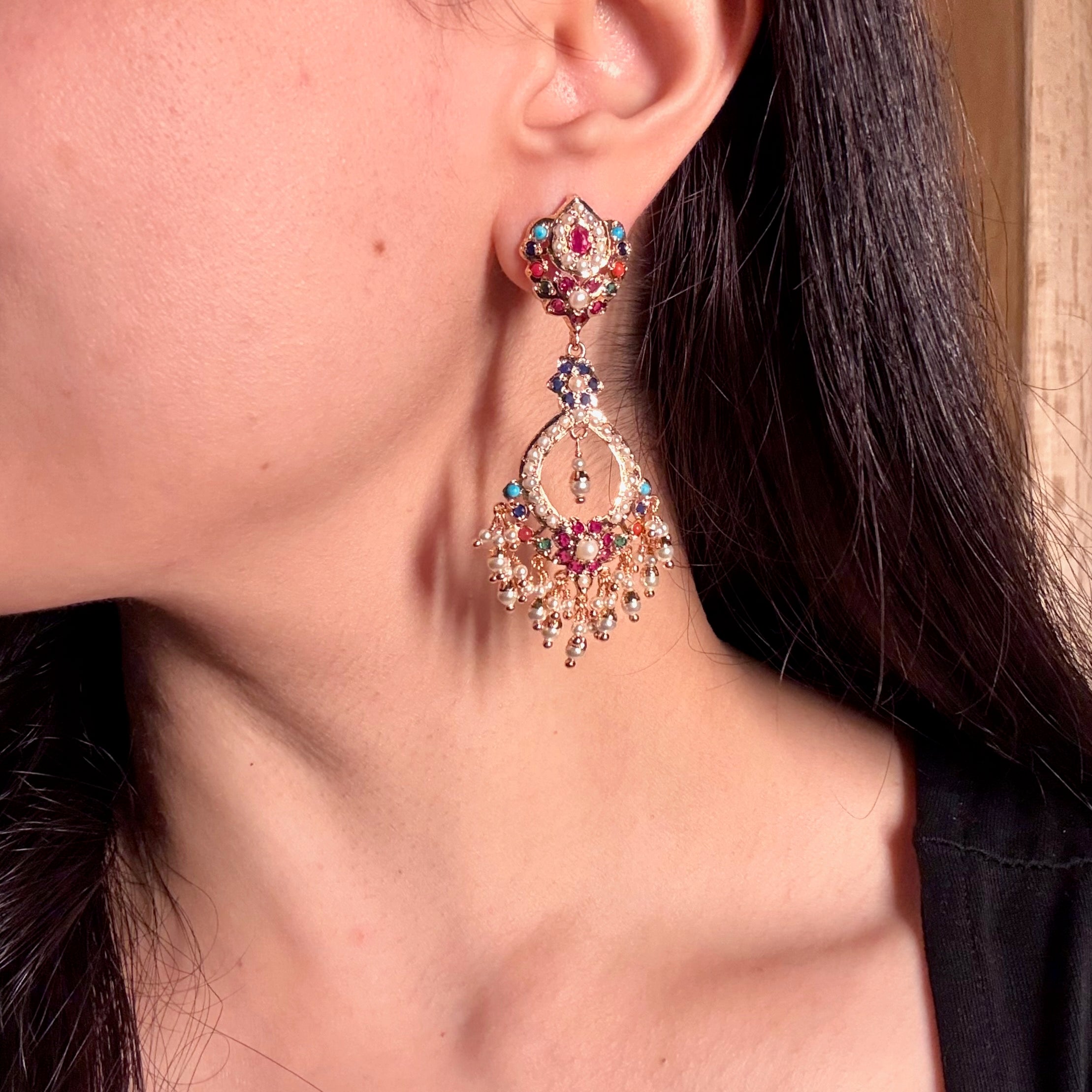 Elongated Navratna Chandbali | Gold Plated Jadau Earrings BER 024