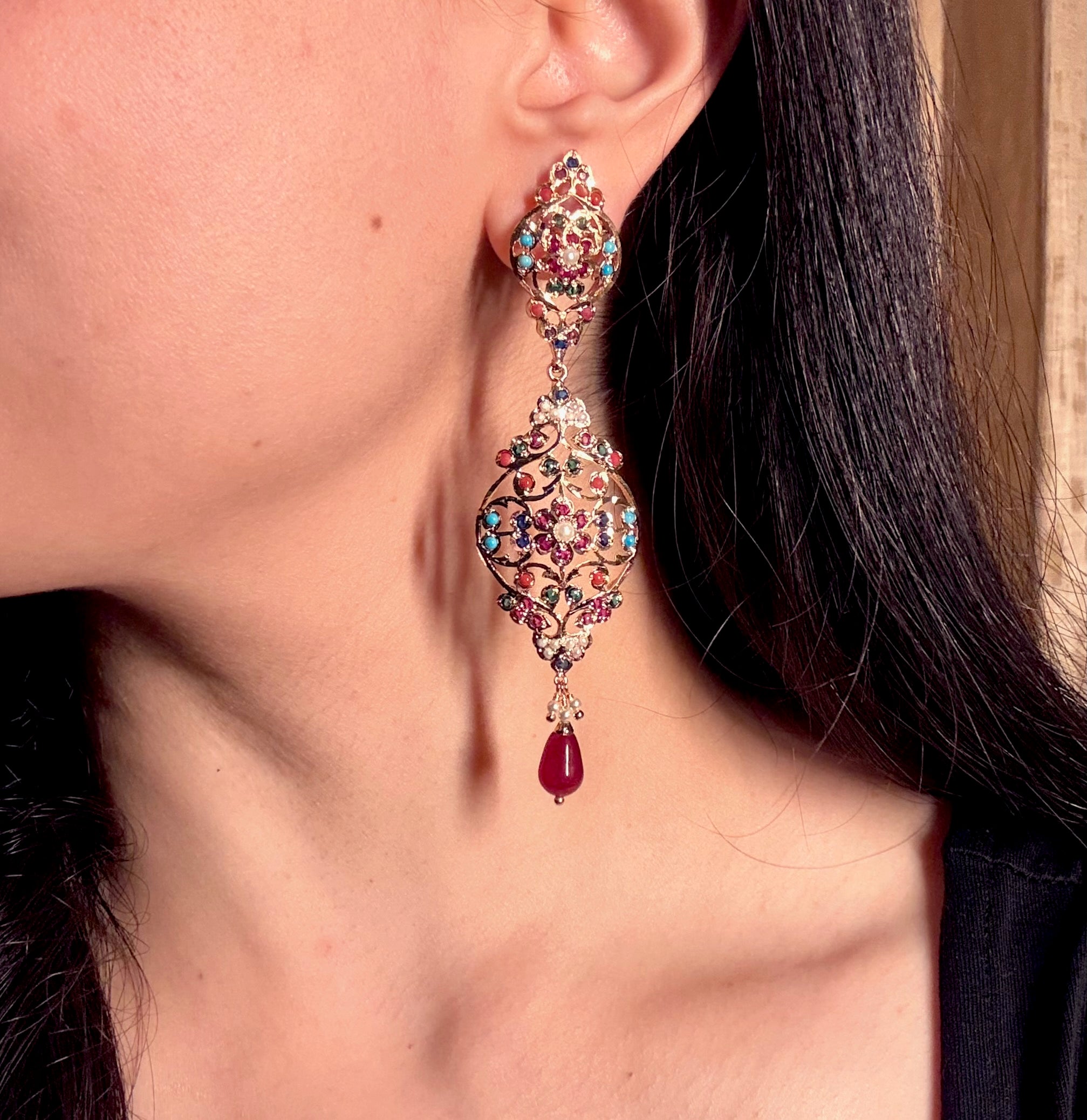 Exquisite Navratna Danglers | Gold Plated on Mixed Metal Base BER 008