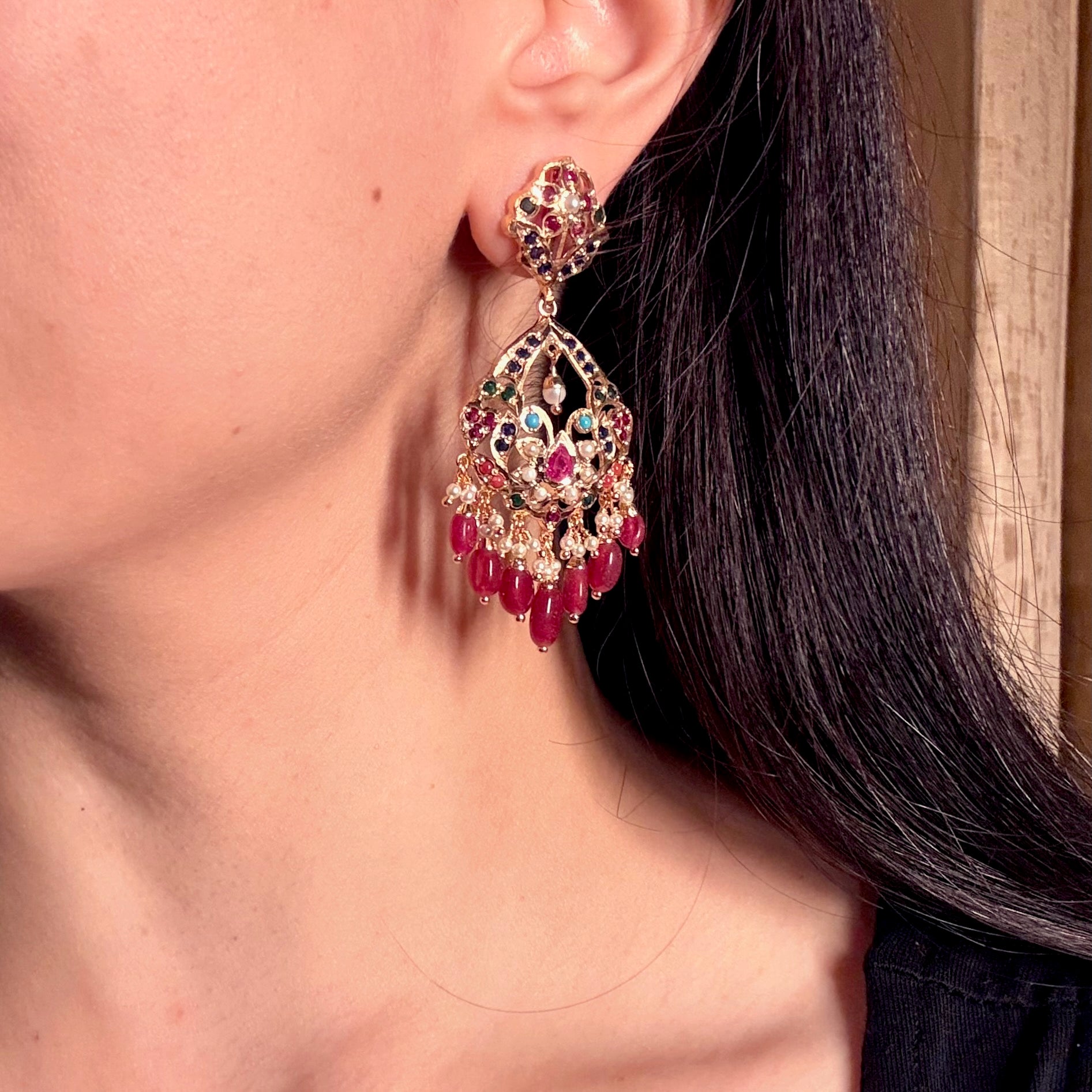 Navratna Danglers with Red Drops | Trendy Jadau Earrings BER 001