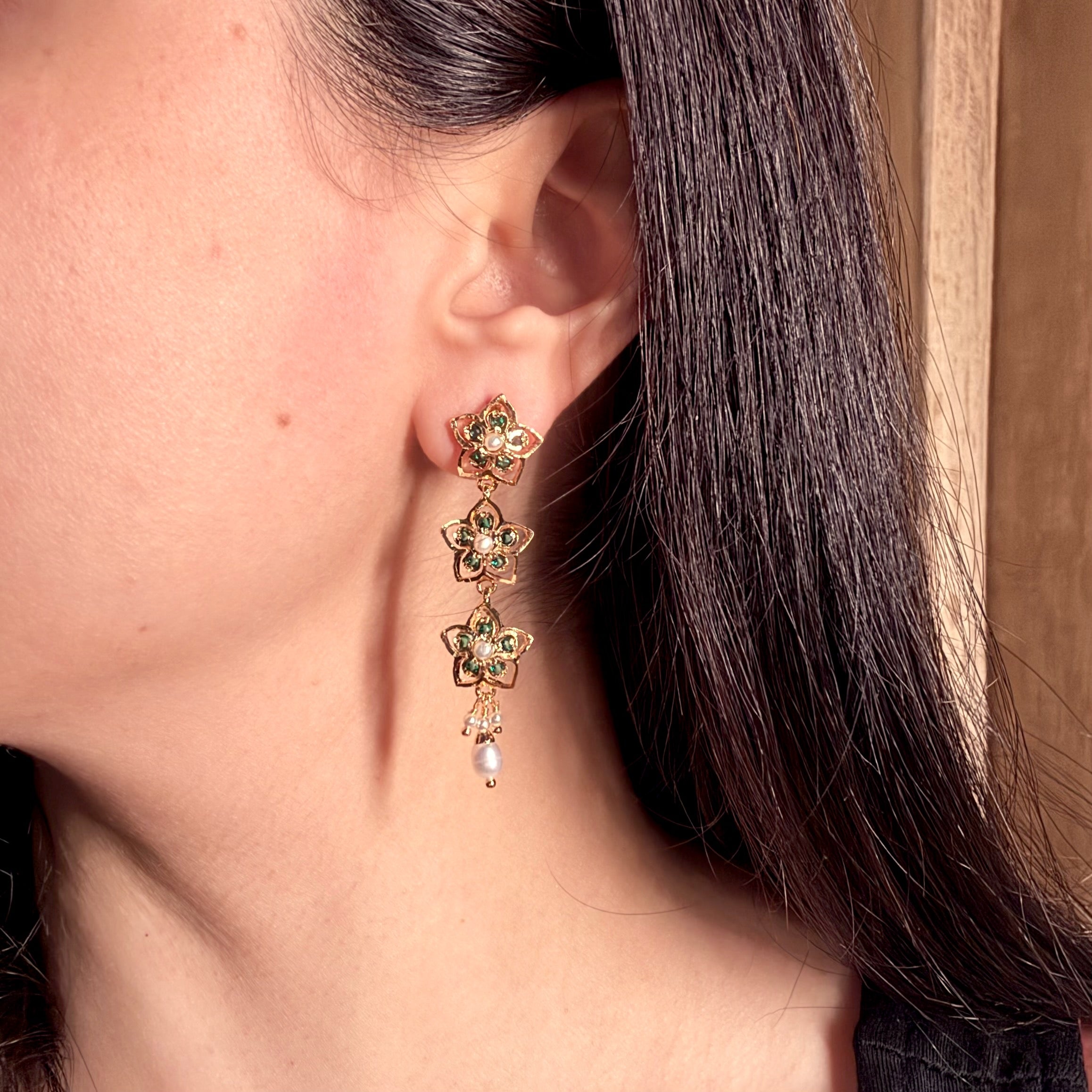 Slender Gold Plated Jadau Earrings | Cute Floral Design in Green Color BER 006