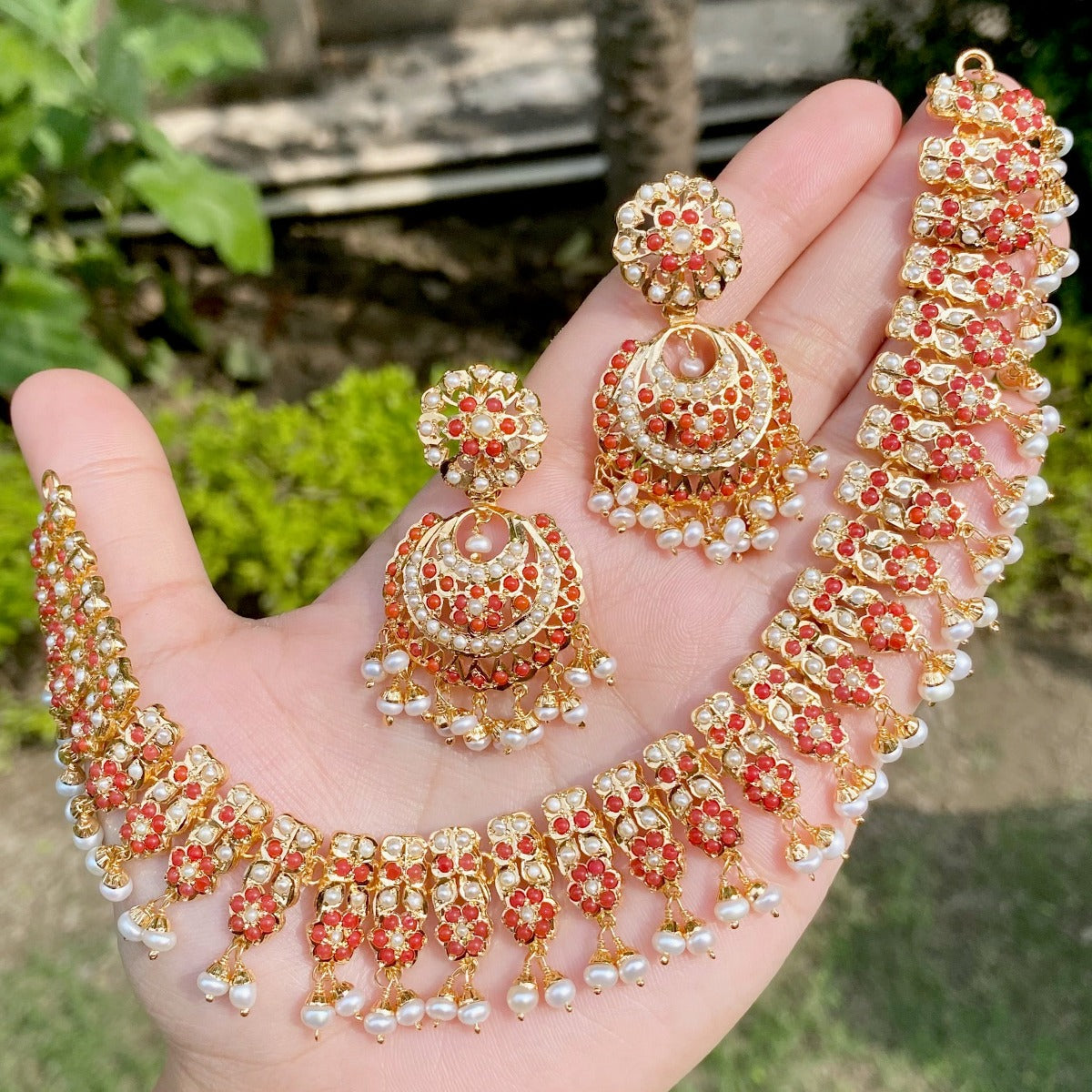 coral necklace set gold plated
