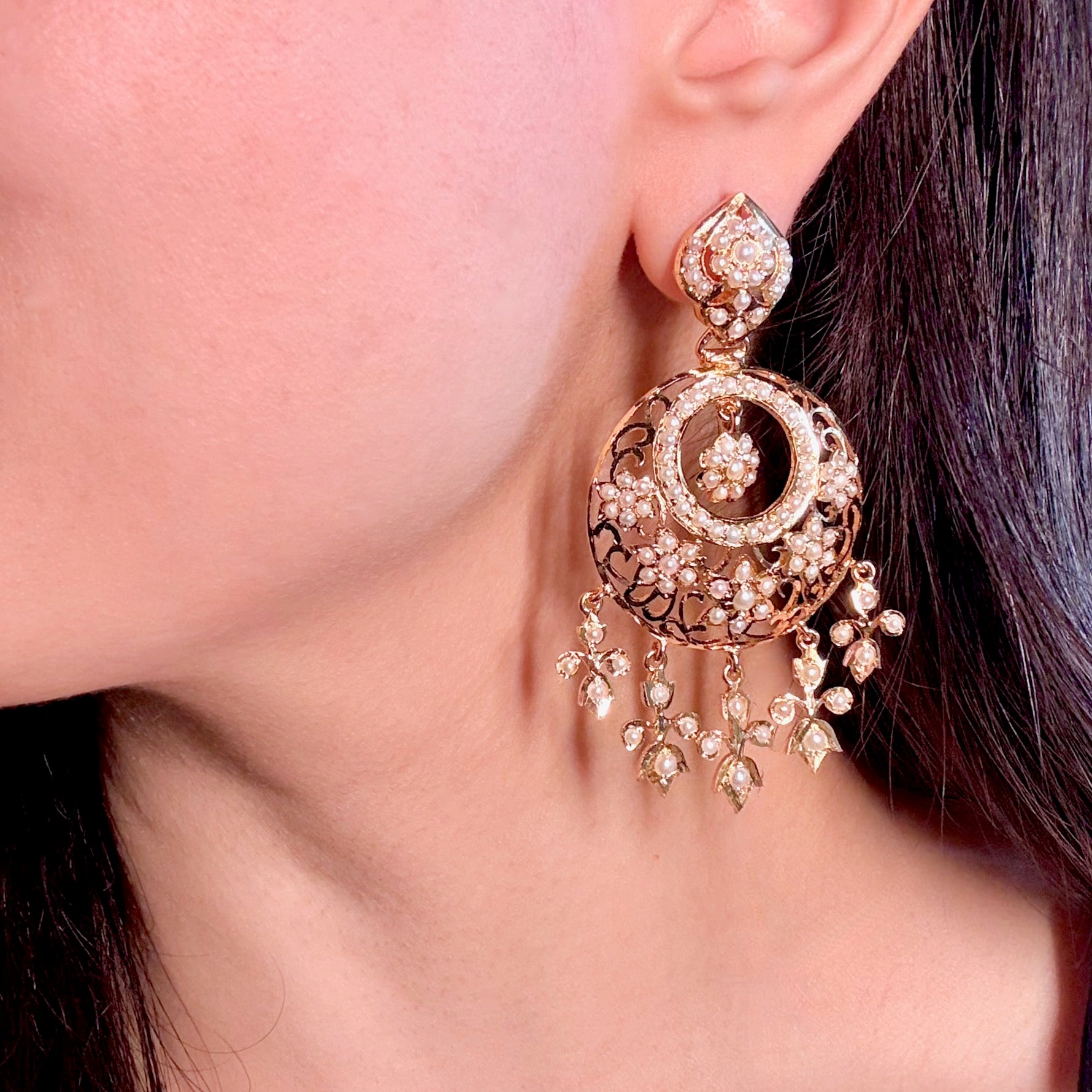 Antique Style Pearl Chandbali Earrings | Indo Western Design Jewelry on Silver ER 610