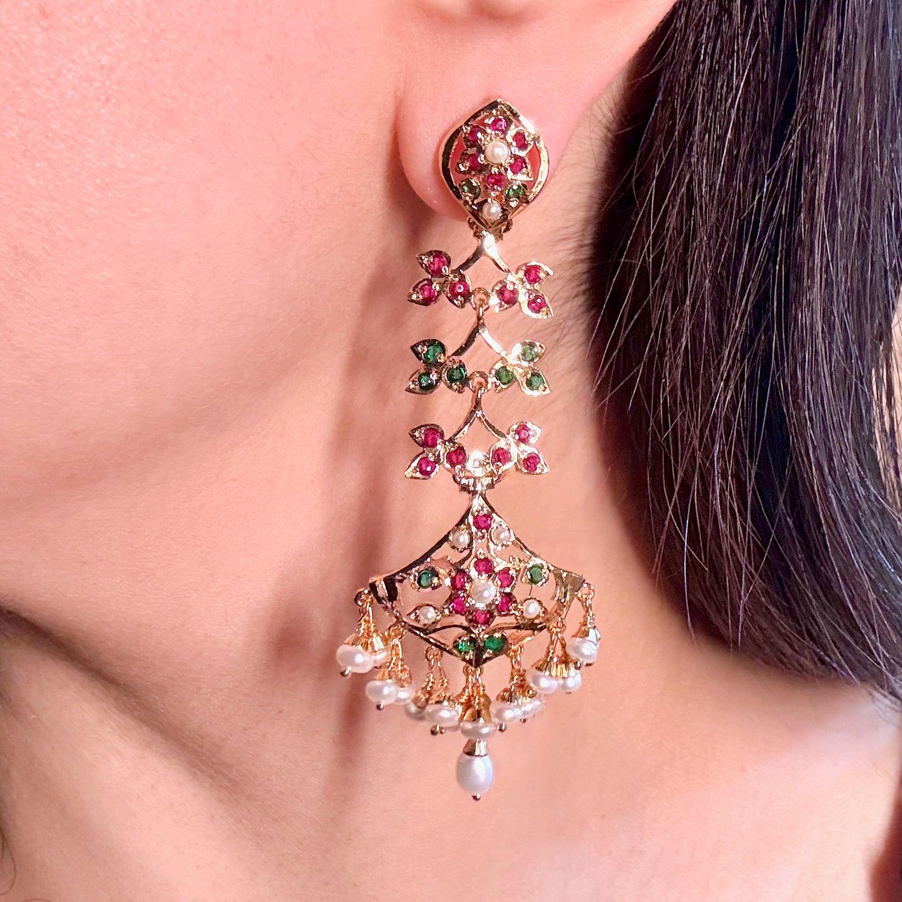 Long Ruby Emerald Danglers For Women | Gold Plated on Silver ER 615