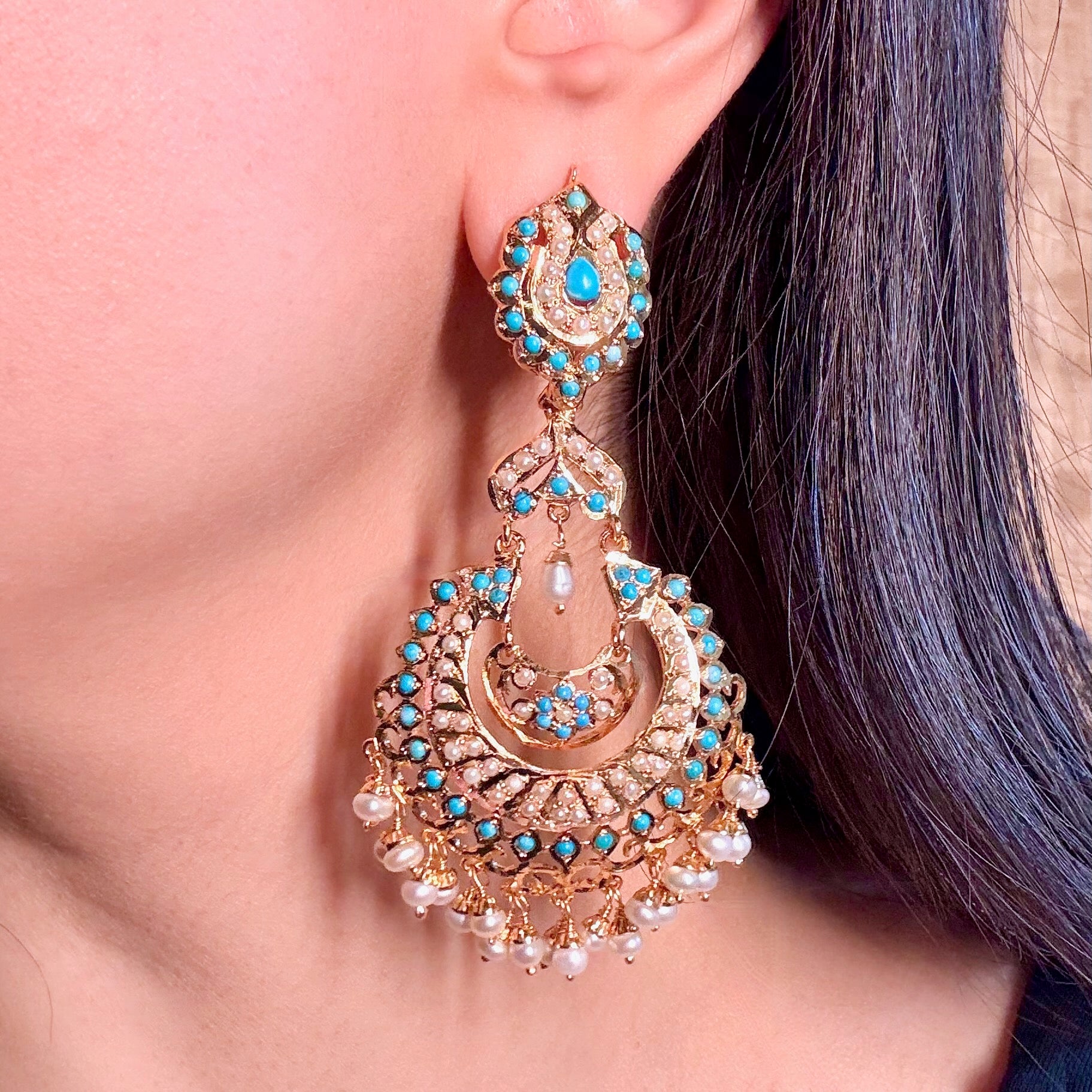 Pearl & Feroza Studded Chandbali Danglers | Ethnic Indian Jadau Jewelry ER 608