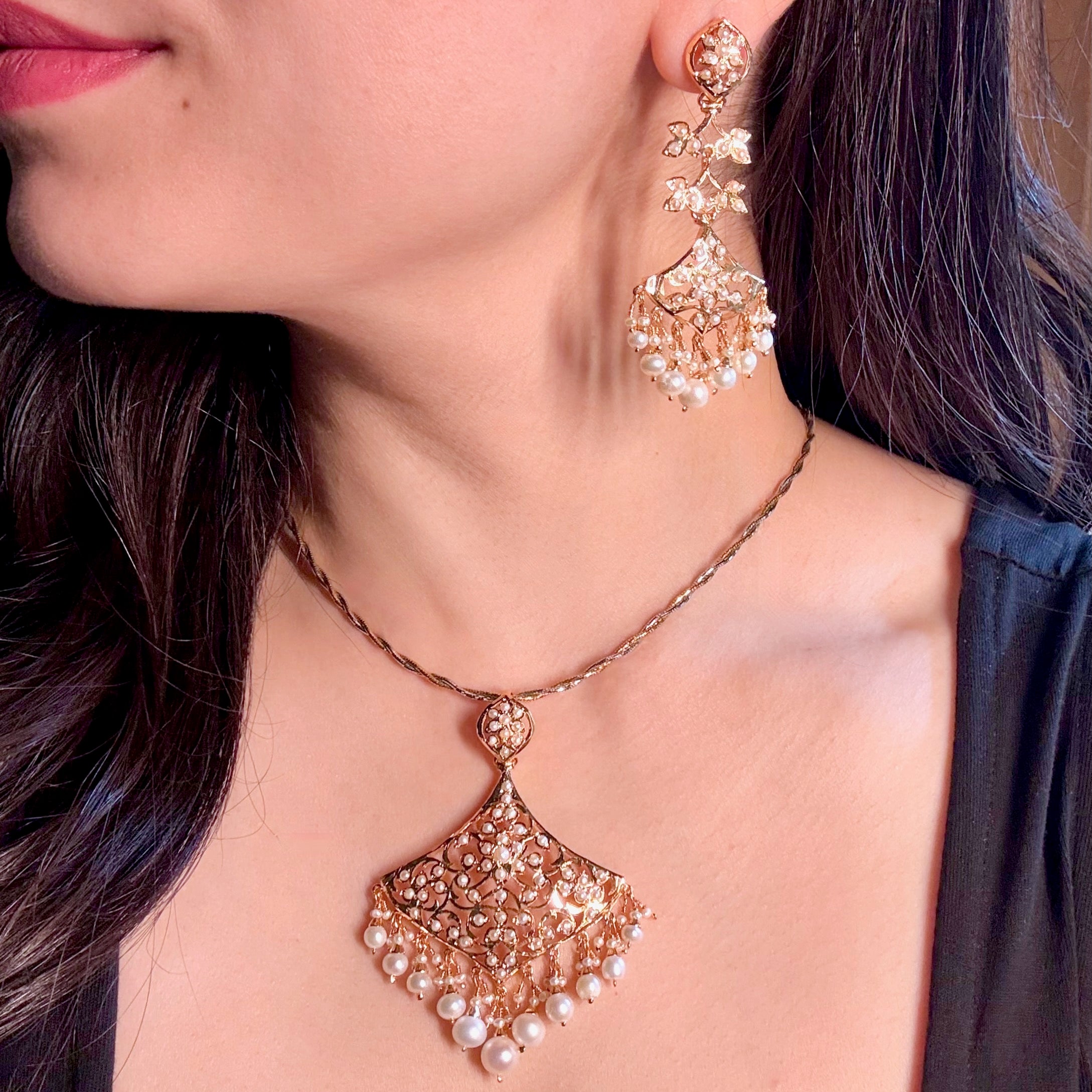 Exquisite Pearl Locket & Earrings Set | Gold Plated on Silver PS 135