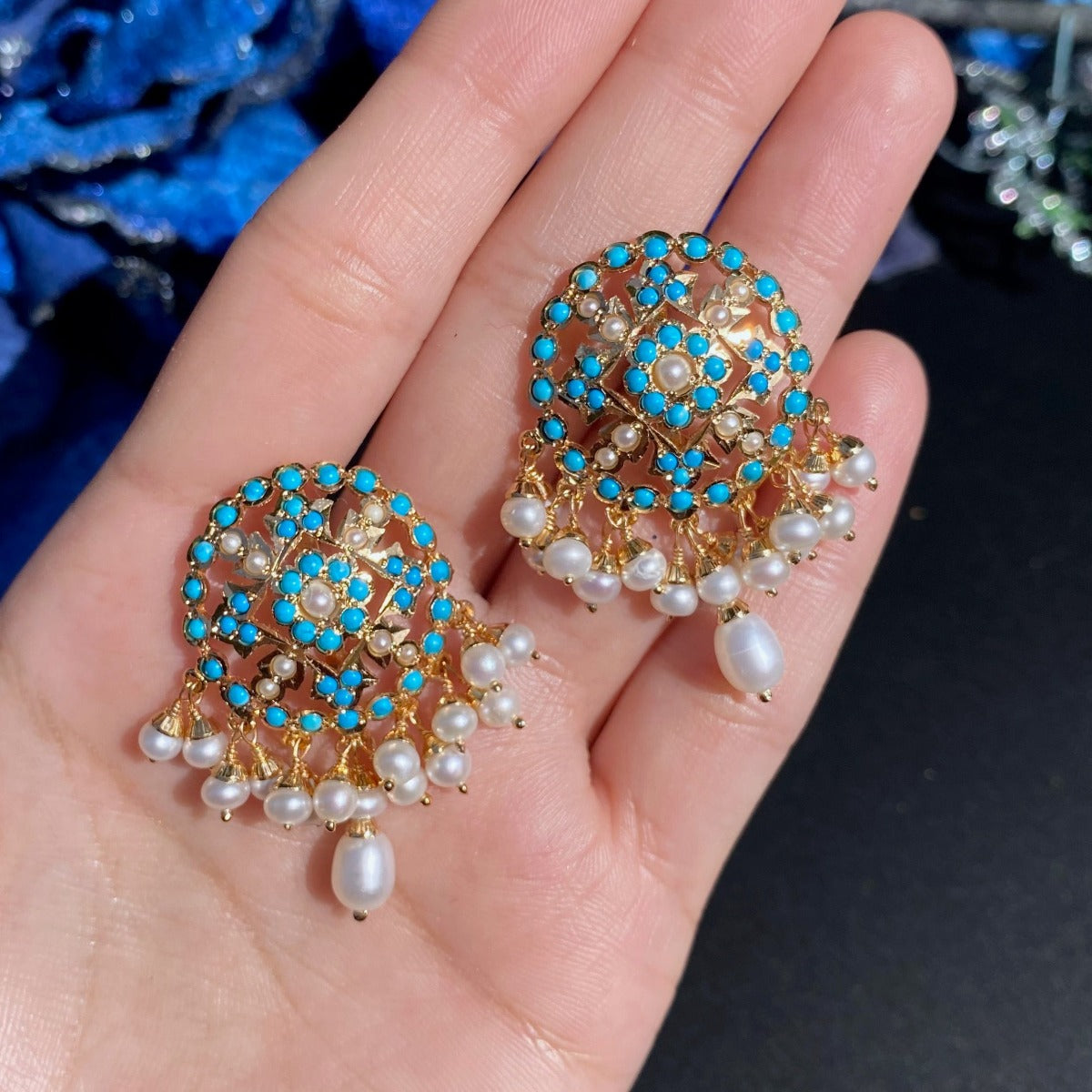 pearl and firoza stud earrings