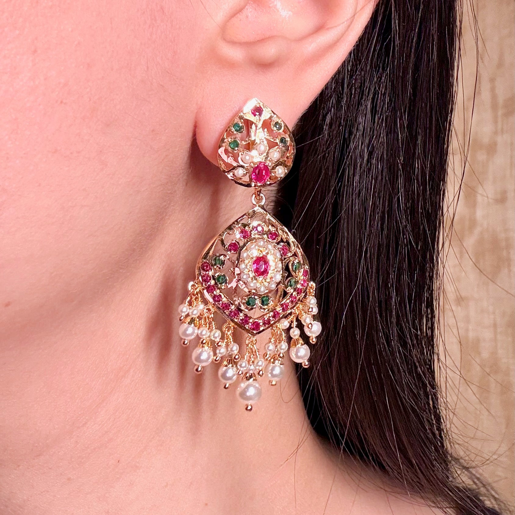 Red Green Jadau Earrings | Gold Plated on Mixed Metal Base BER 059