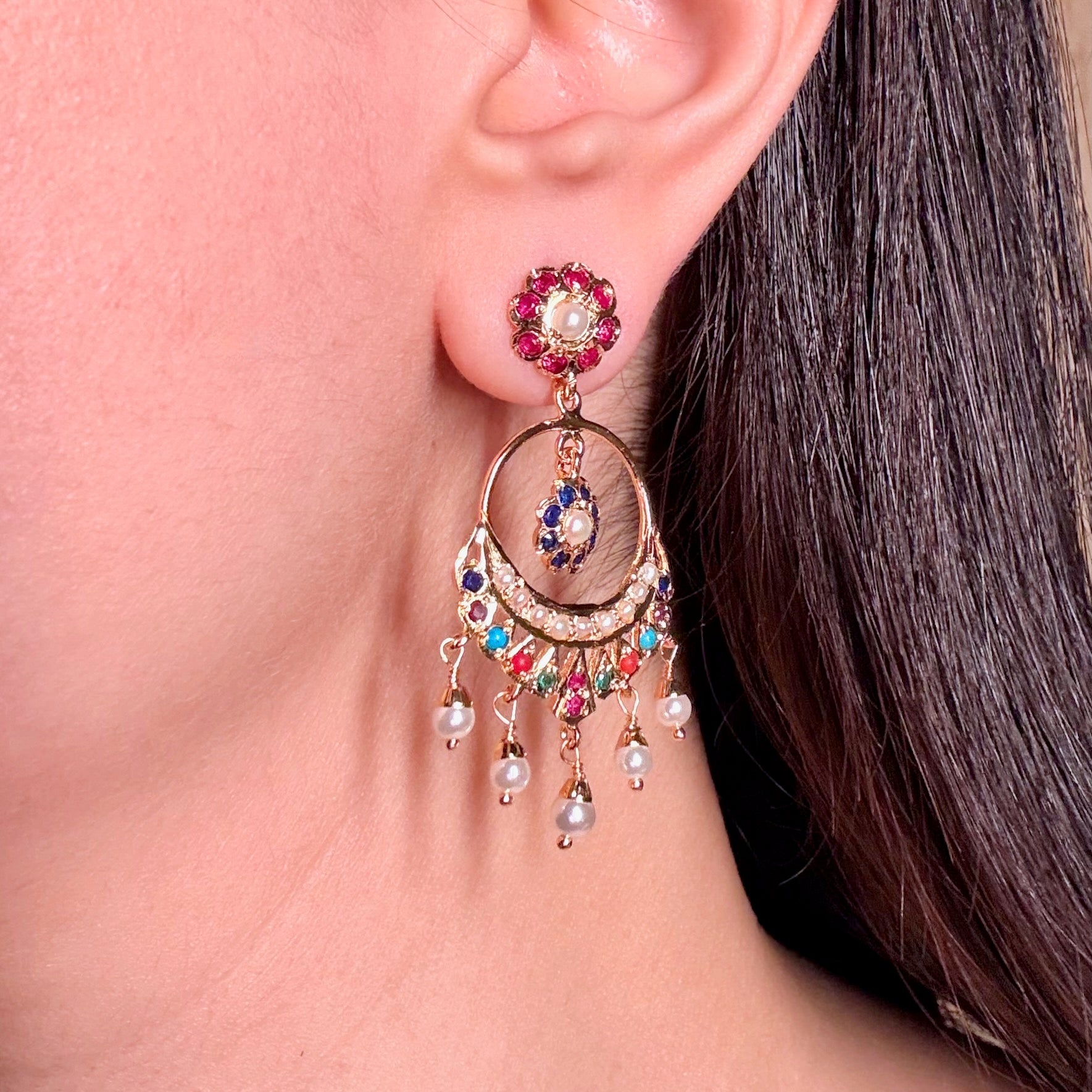 Cute Navratna Chandbali Earrings For Women BER 037