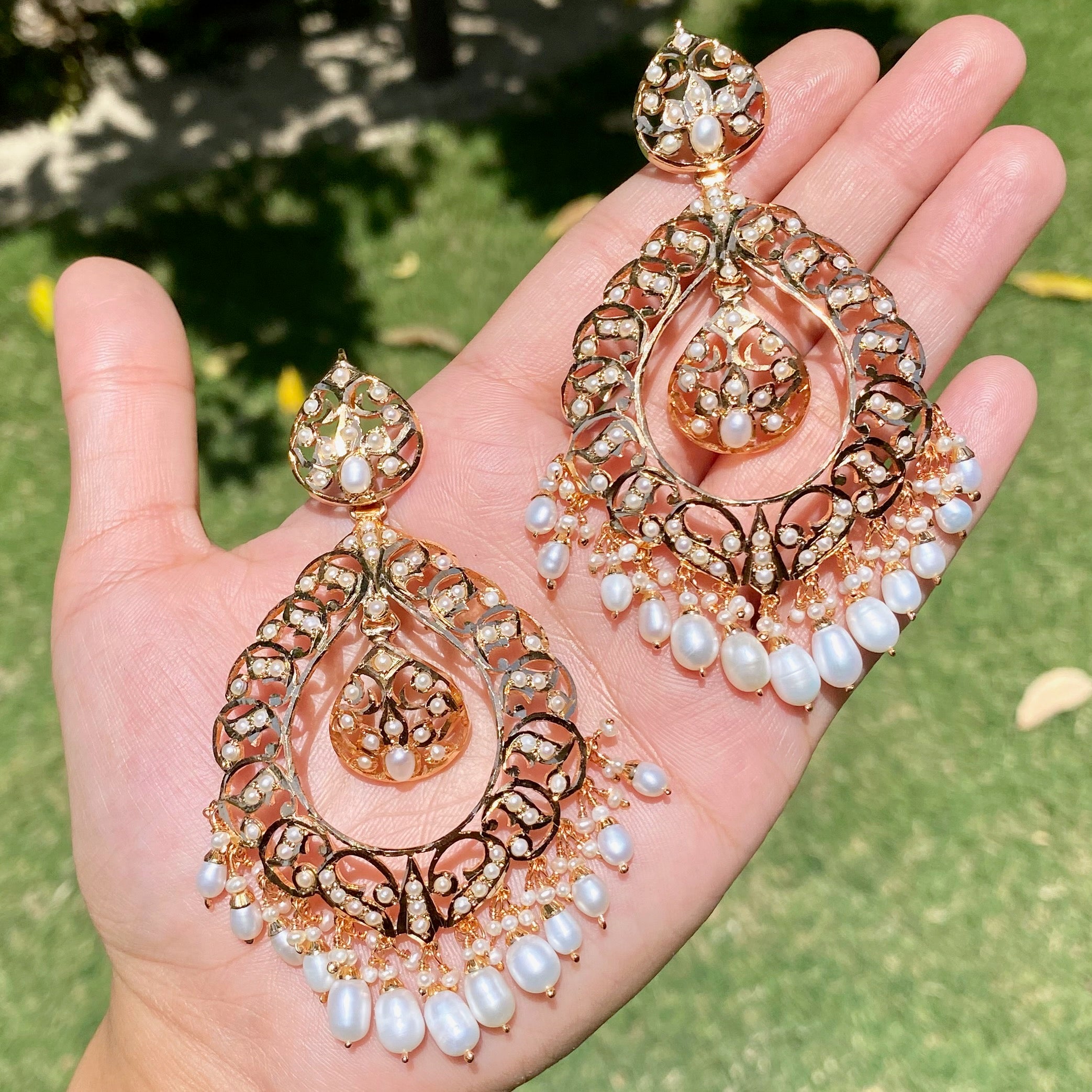 Drop Shaped Pearl Chandbali Earrings | Handcrafted Pearl Jewellery | Gold Plated Silver Earrings | ER 370