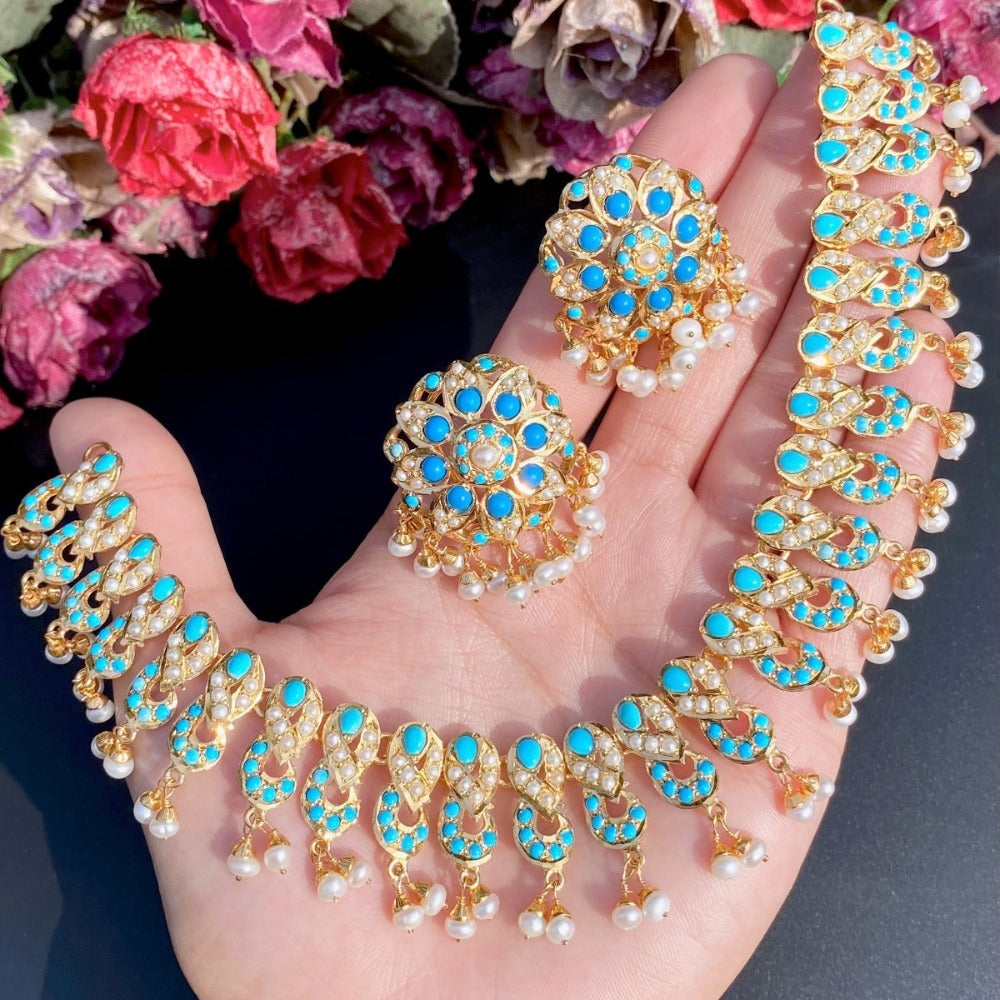 gold plated silver necklace set with blue stones