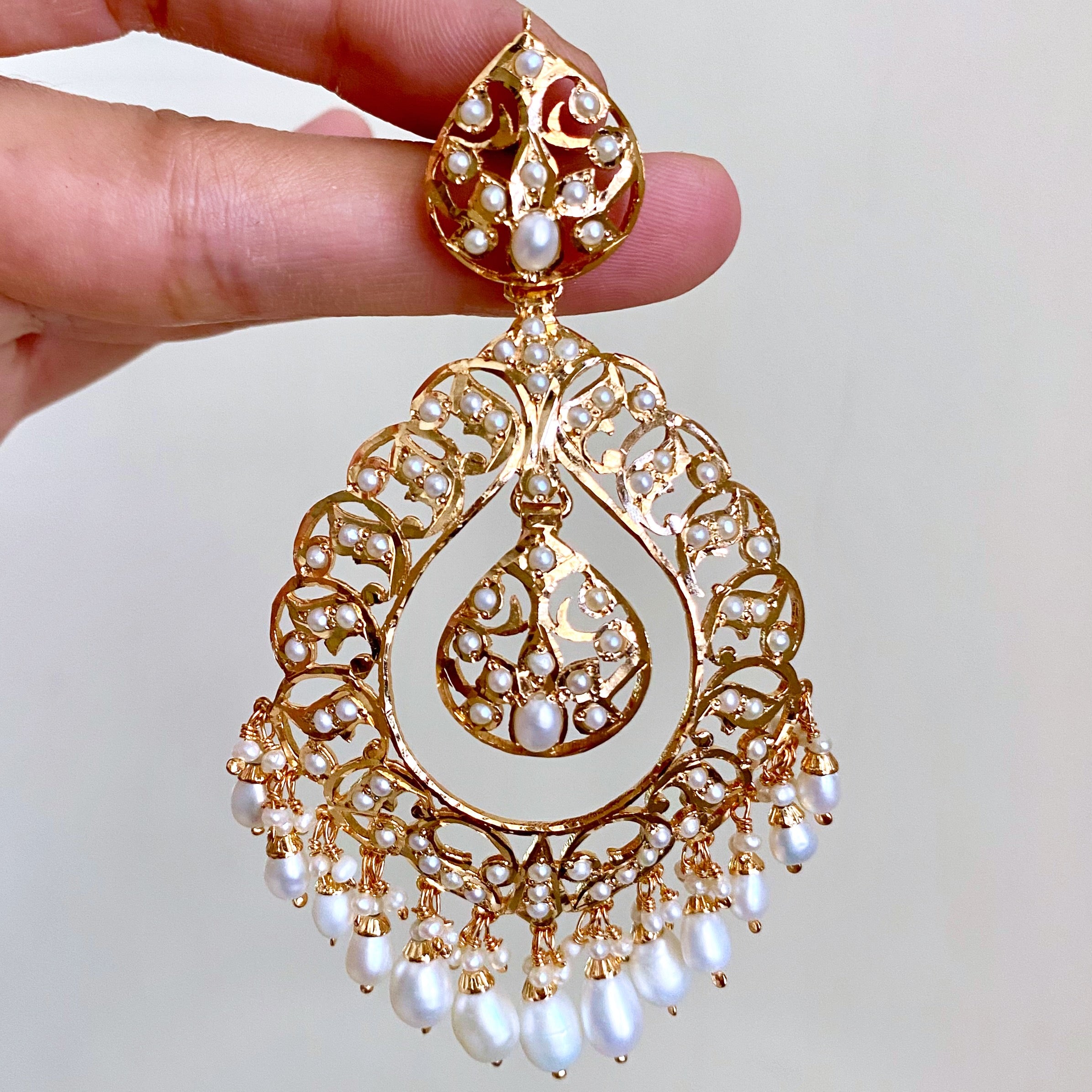 Drop Shaped Pearl Chandbali Earrings | Handcrafted Pearl Jewellery | Gold Plated Silver Earrings | ER 370