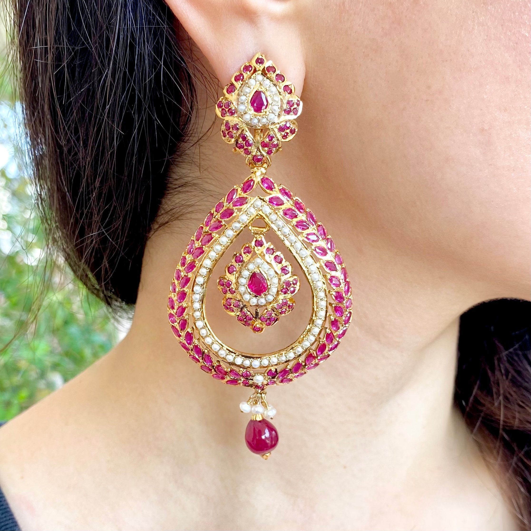 Alluring Ruby Red Chandbali Earrings | Large Teardrop Shape |  Gold Plated on 925 Silver