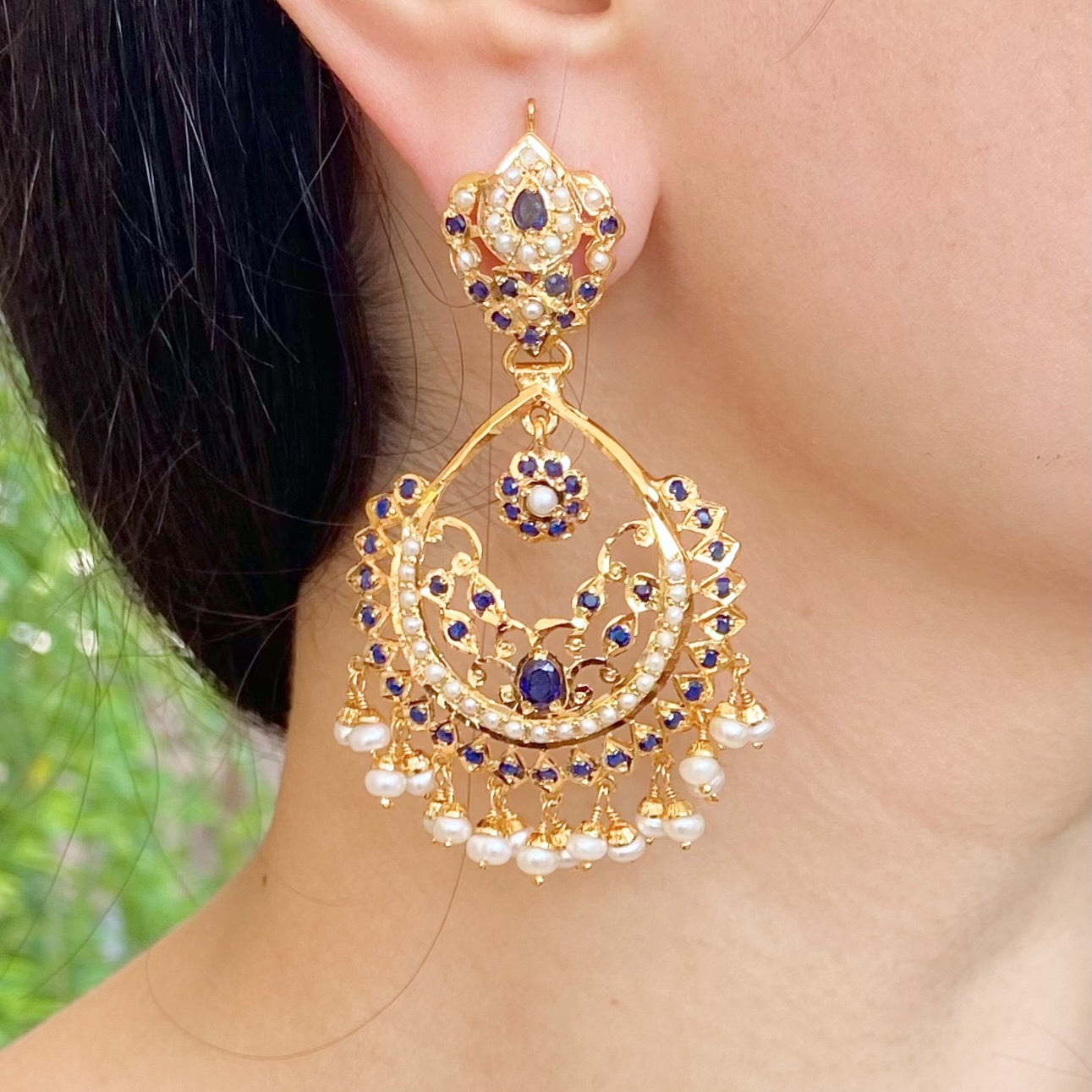 Gold Plated Chandbali | Blue Sapphire & Pearl Earrings | Jadau Jewelry ER 543