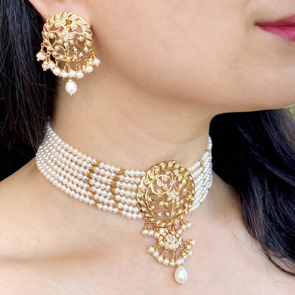 gold plated pearl choker set hyderabad
