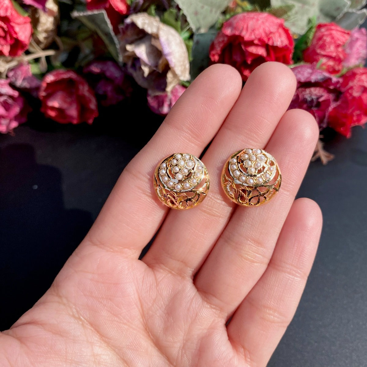 Gorgeous antique golden red pearl earrings at ₹1250 | Azilaa