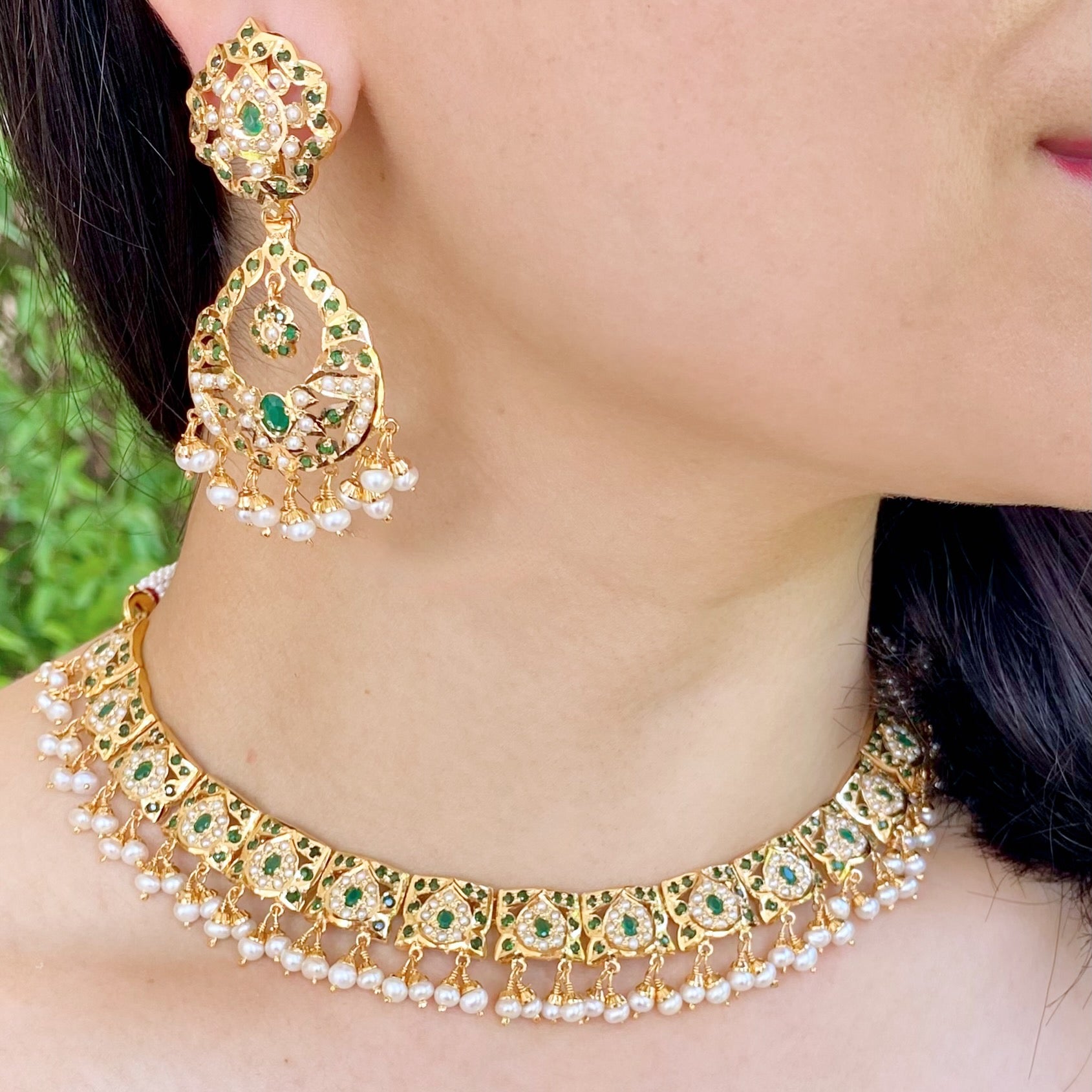Gold Plated Emerald Set | Traditional Indian Necklace Set Design NS 225