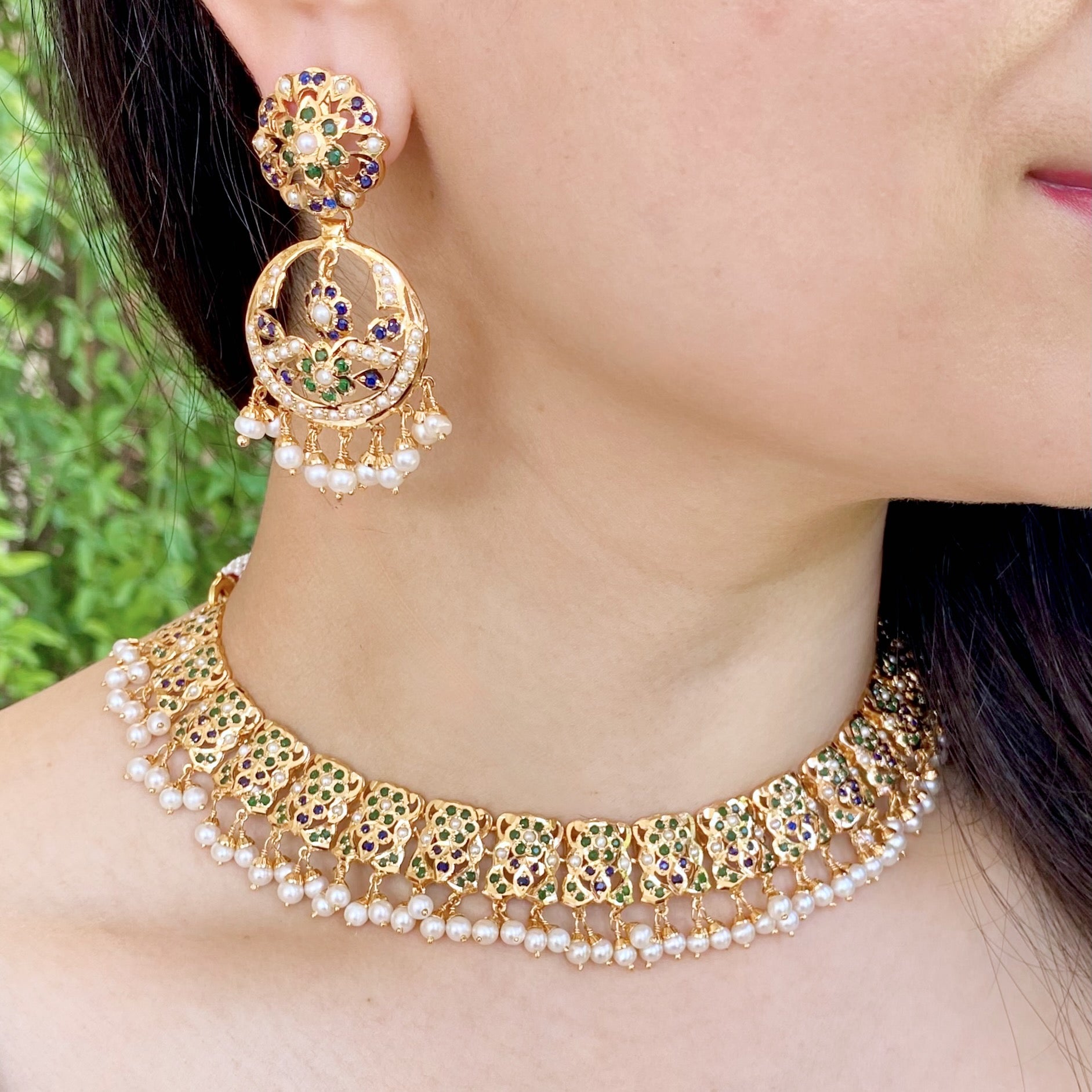Emerald Sapphire Necklace Set | Buy Jadau Sets Online | Gold Plated NS 226