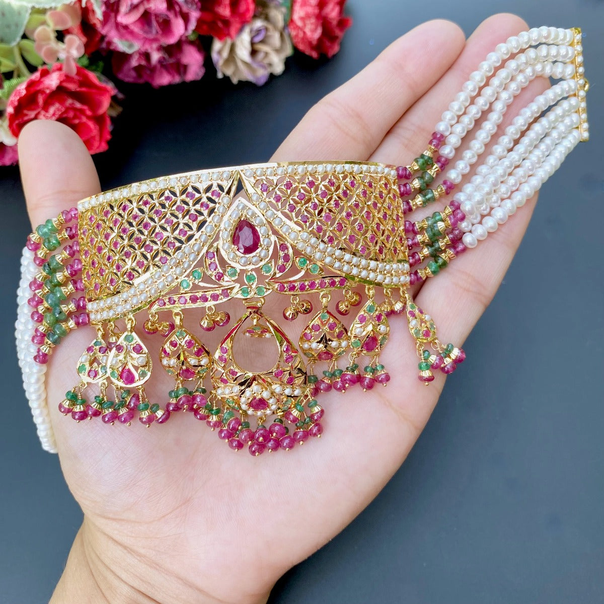 Traditional Rajasthani Choker Set in 22 carat Gold, made with traditional rajputana craft