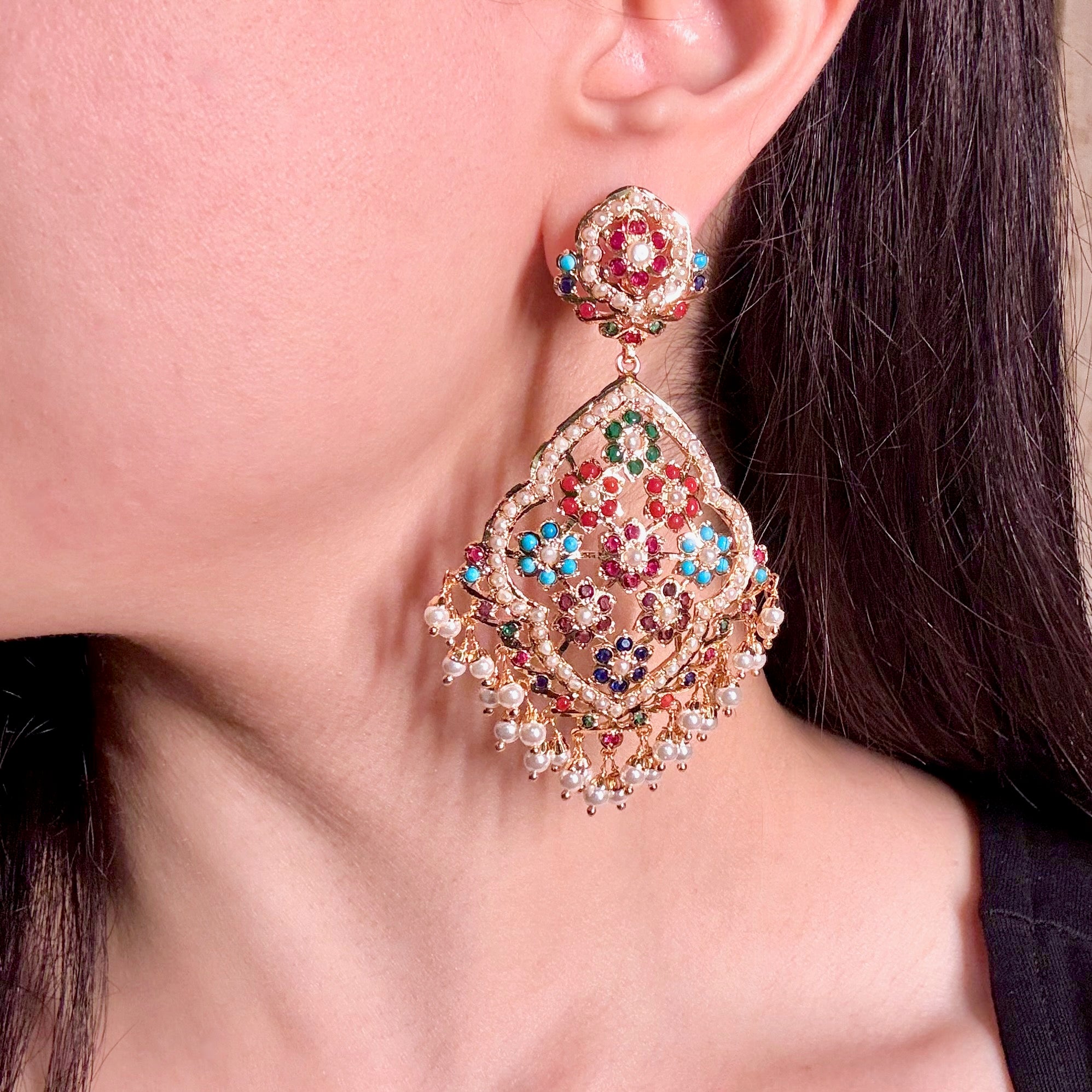 Large Navratna Earrings For Women | Gold Plated on Budget Friendly Metal Base BER 073