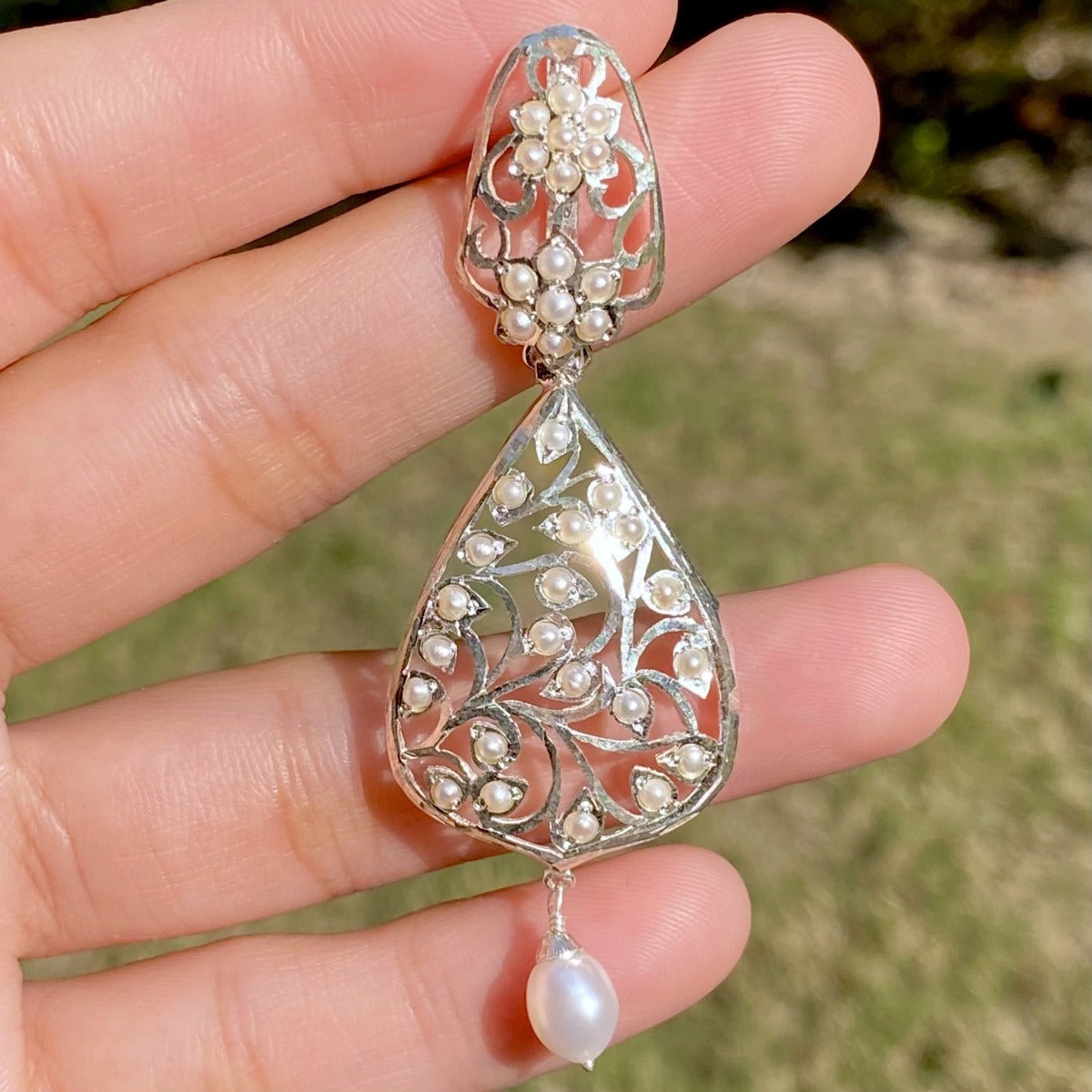pearl drop earrings white silver finish