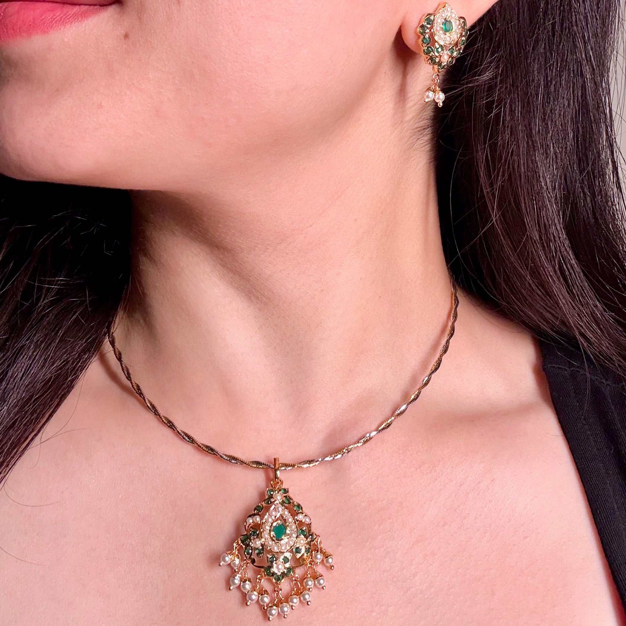 Green Pendant & Earrings | Artificial Jadau Jewelry Set BPS 005
