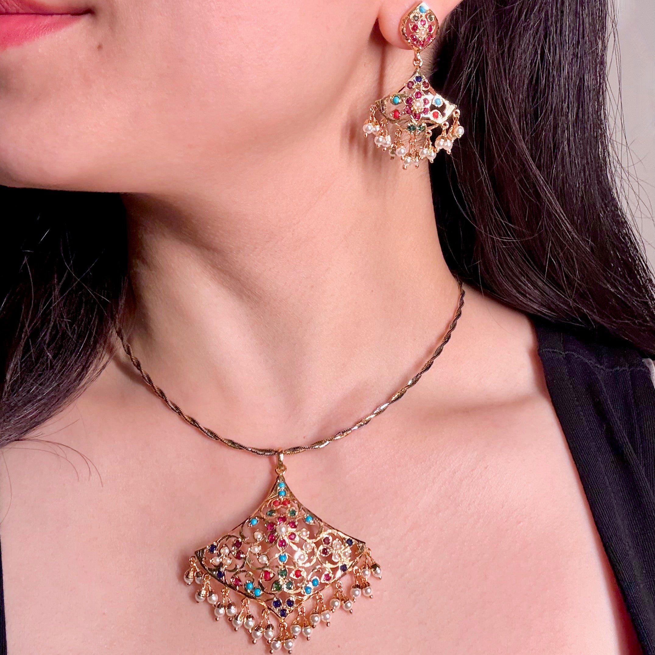 Navratna Pendant Set For Women | Gold Plated Artificial Jadau Set BPS 004