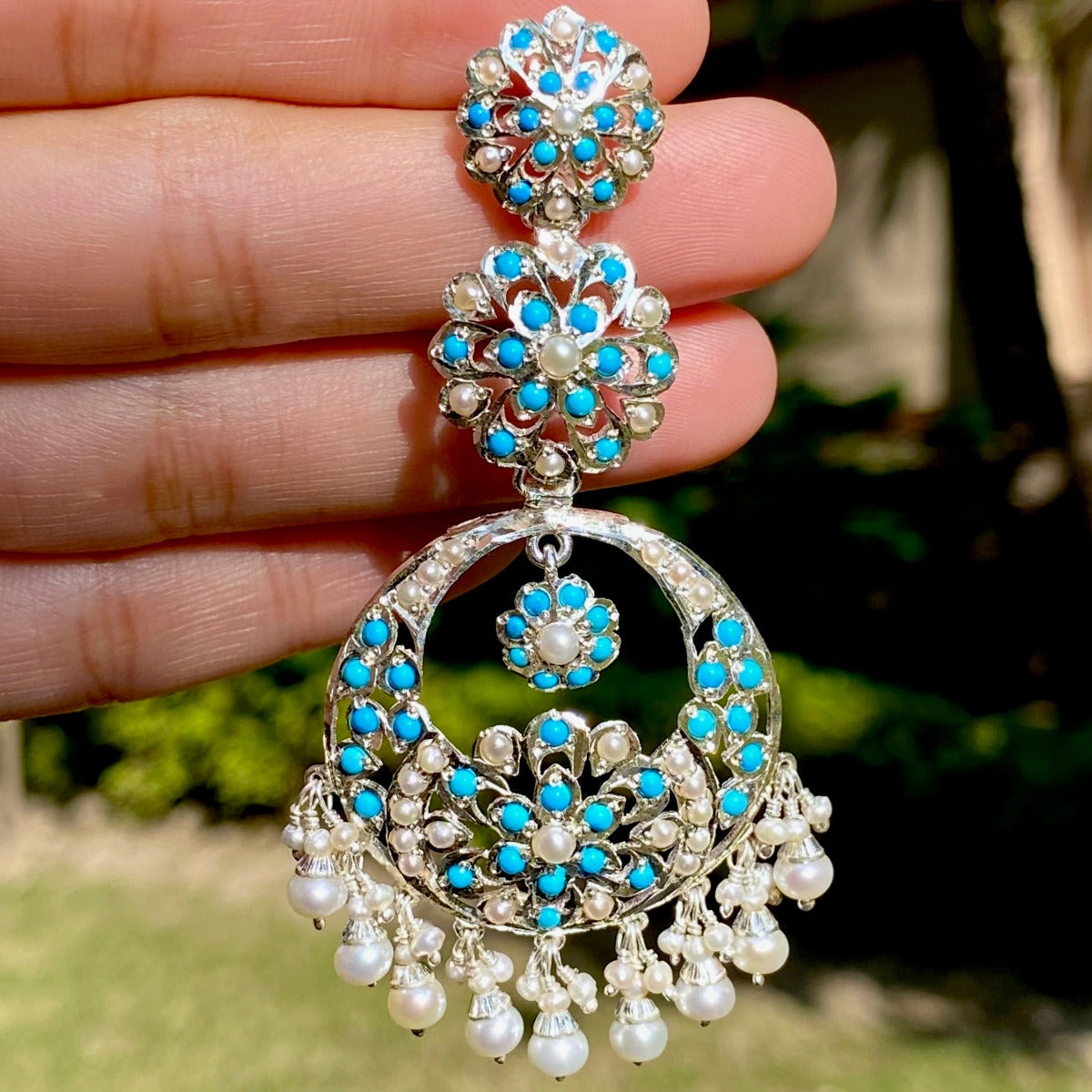 indo western turquoise danglers on white silver with pearsl