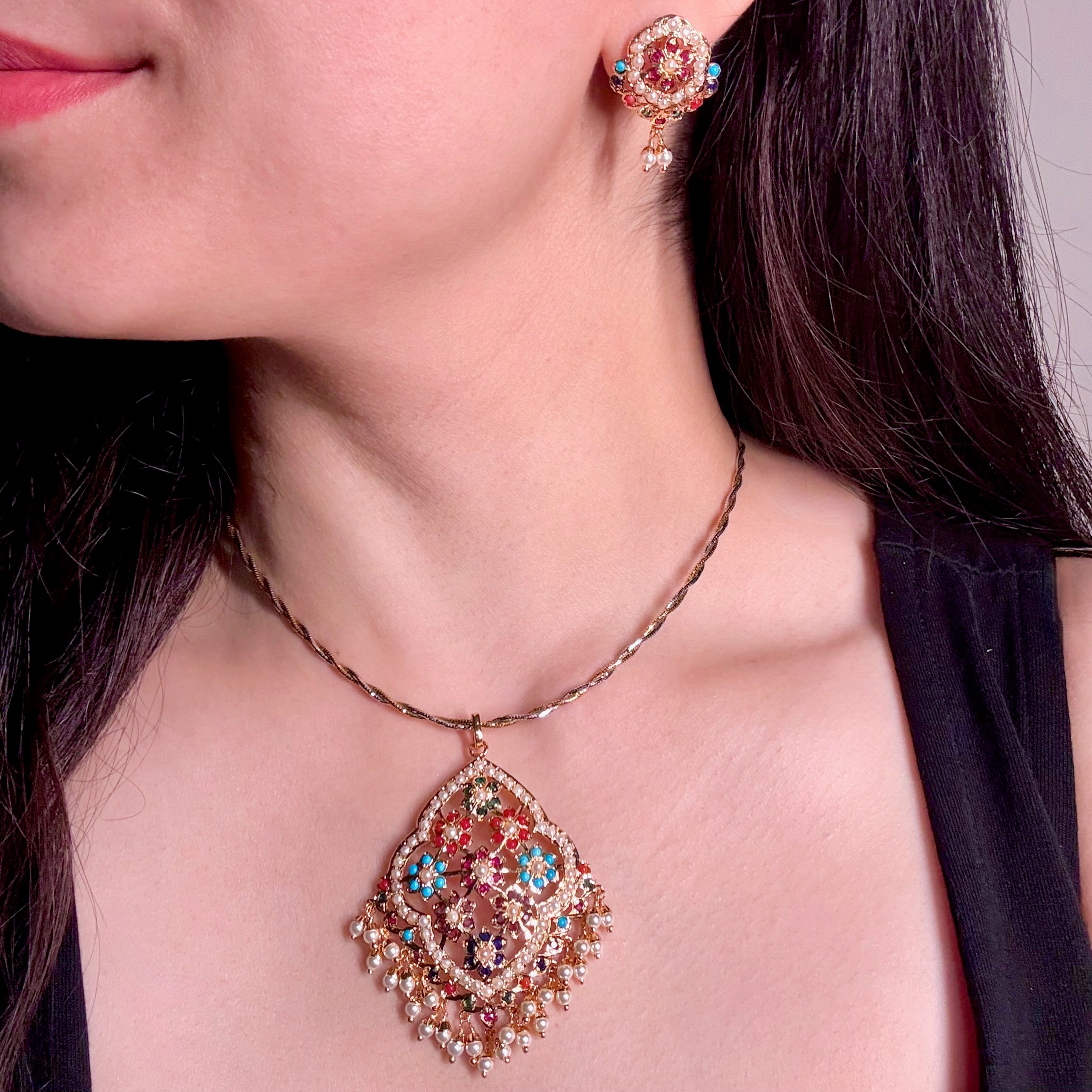 Navratna Pendant & Earrings | Artificial Jadau Jewelry Set BPS 003