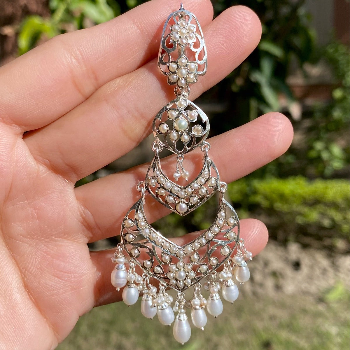 silver chandelier earrings with pearls