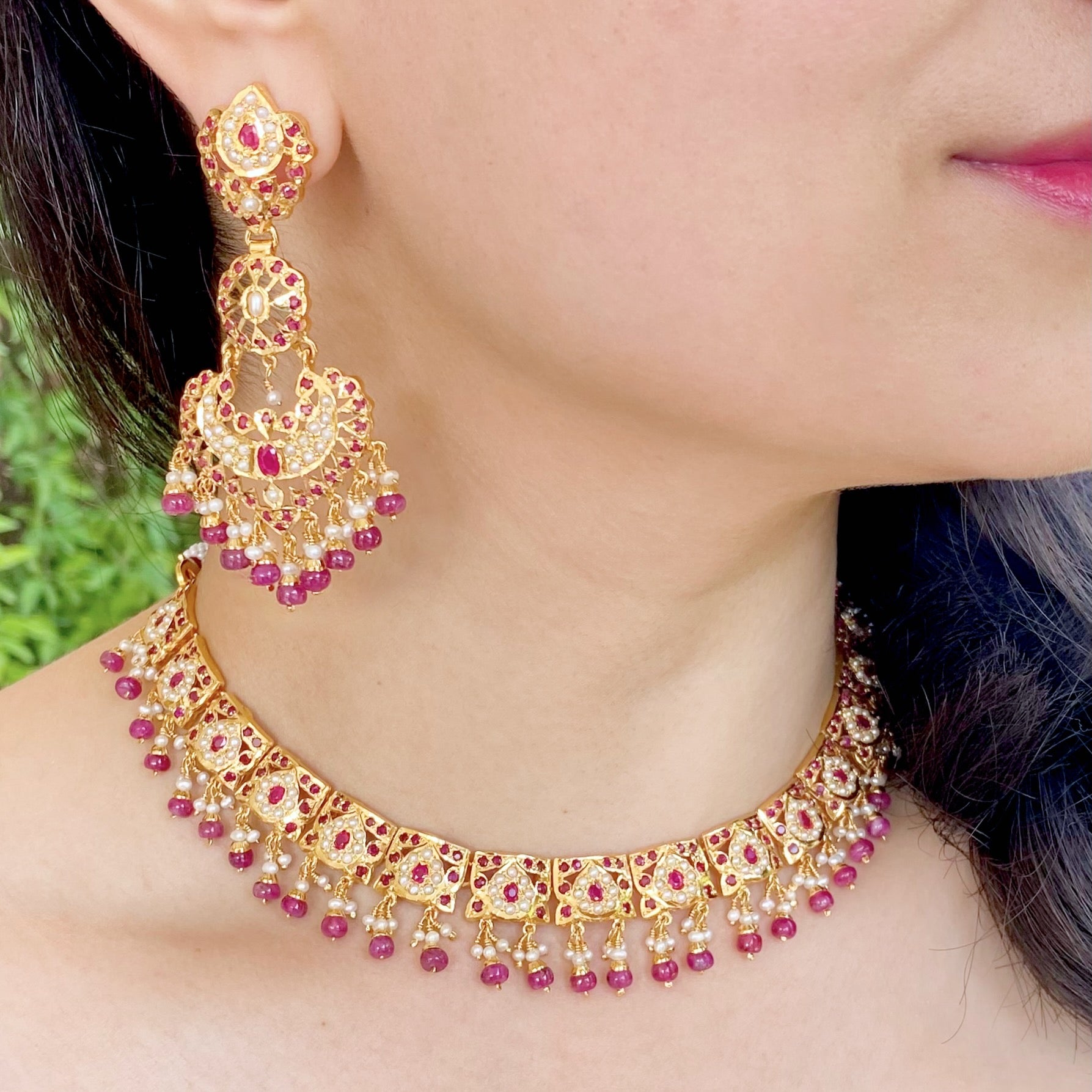 Ruby Necklace Set | Freshwater Pearls | Indian Jadau Jewelry NS 230