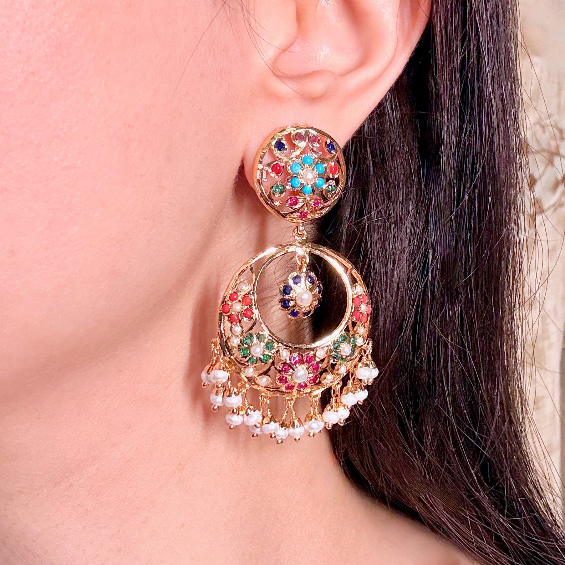 Navratna Jadau Chandbali Earrings | Mixed Metal Base BER 123