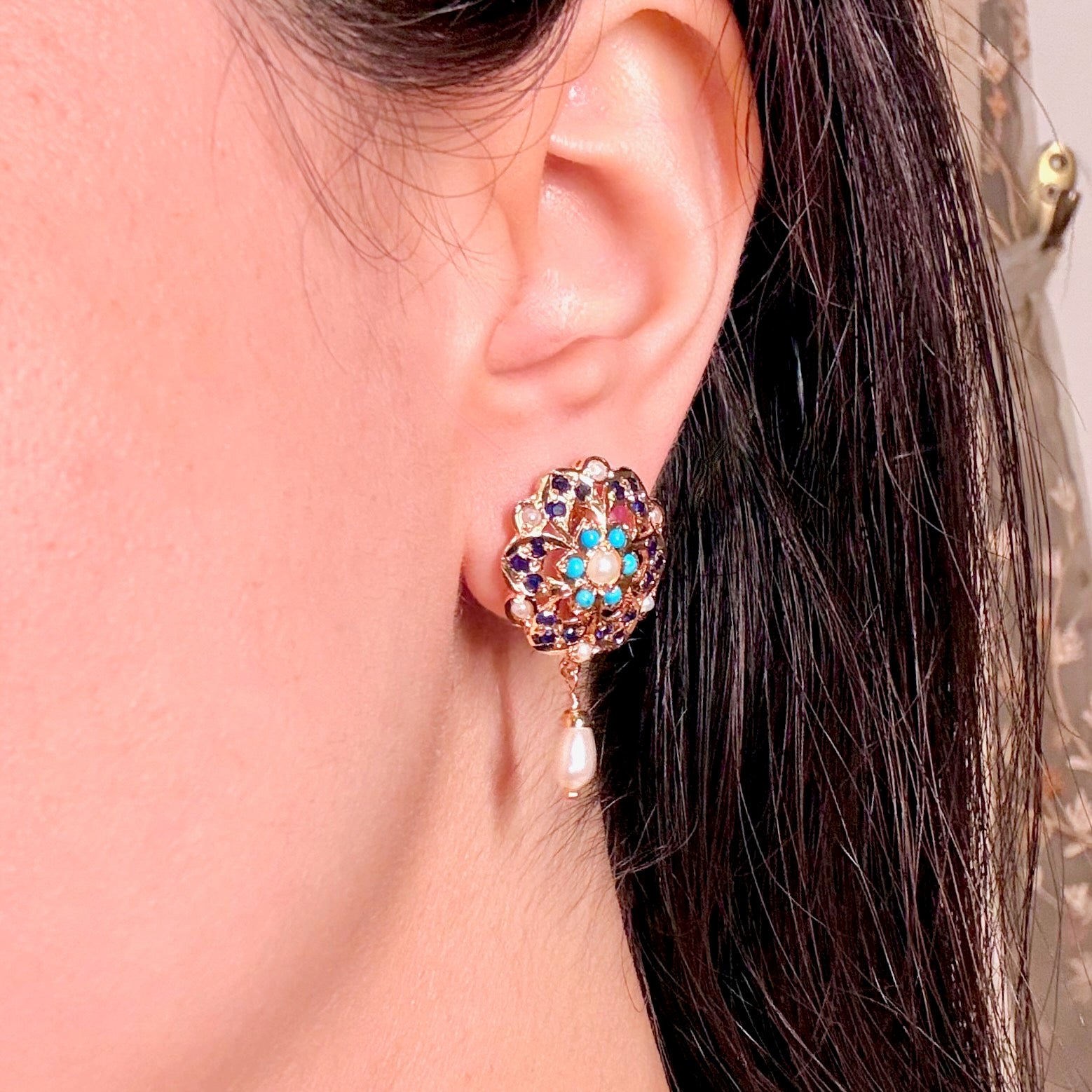 Exquisite Feroza Jadau Studs | Gold Plated on Mixed Metal Base BER 103