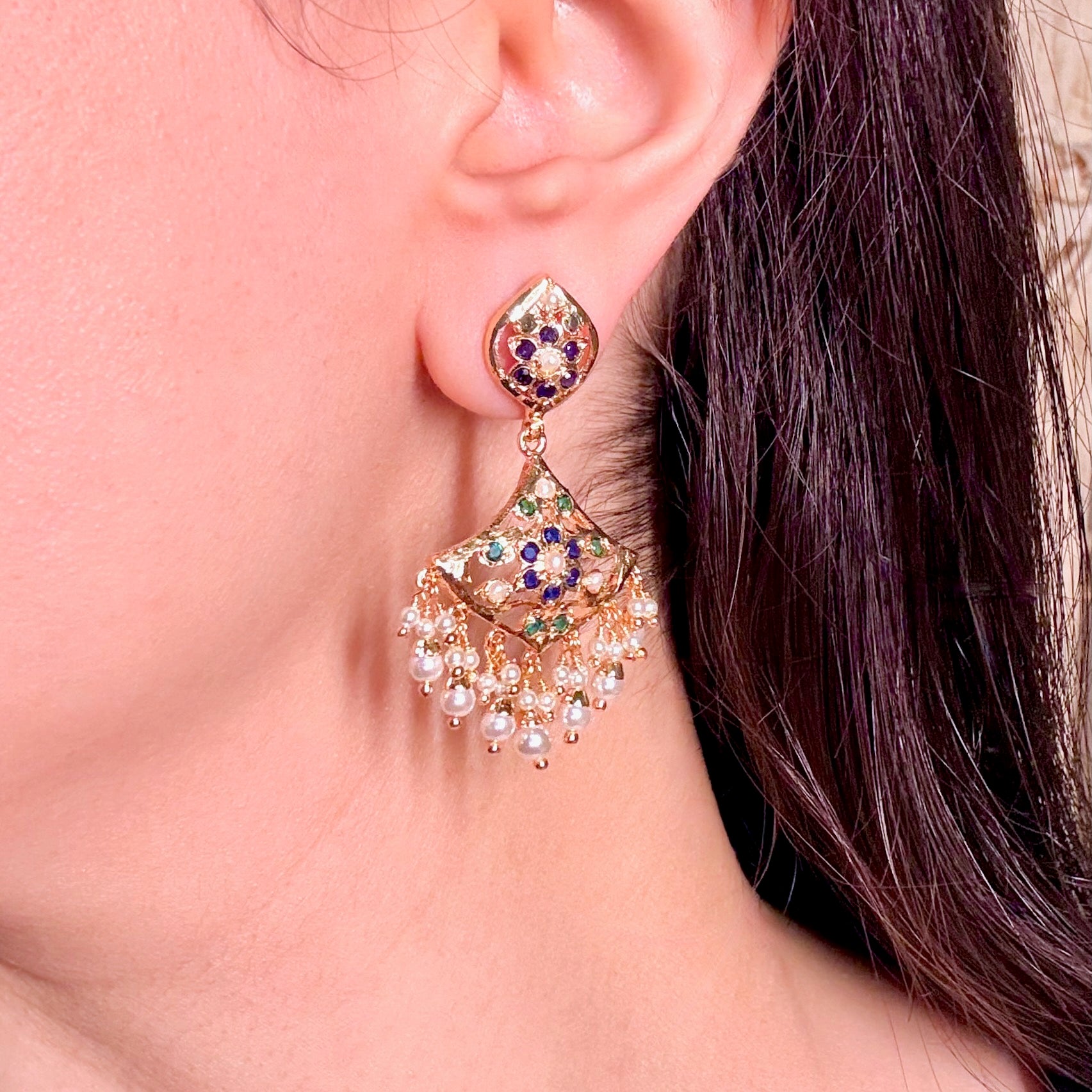 Gold Tone Jadau Dangler Earrings | Artificial Jewelry BER 100