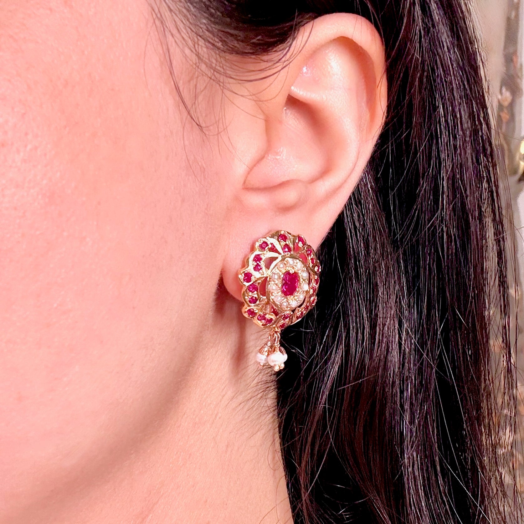 Red Jadau Studs | Gold Plated on Mixed Metal Base BER 099