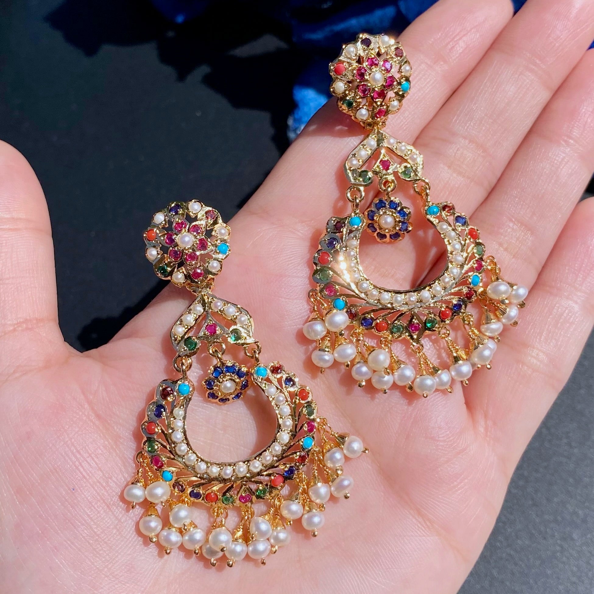 Long Navratna Chandbali Earrings | Sterling Silver with 22K Gold Plating ER 628