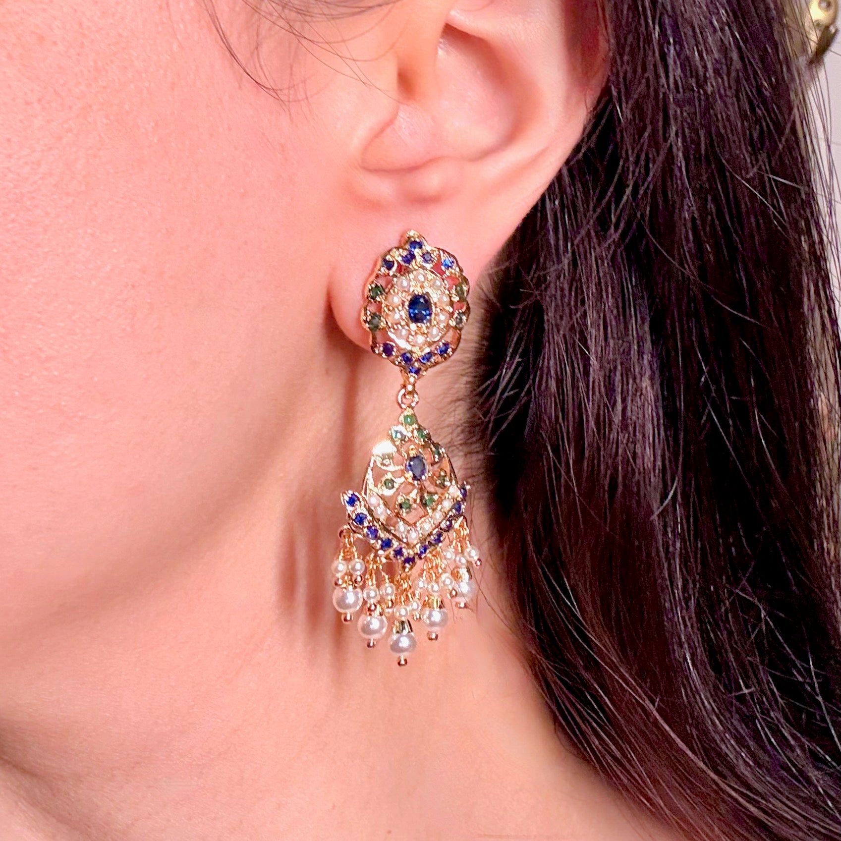 Gold Tone Jadau Dangler Earrings | Artificial Jewelry BER 098