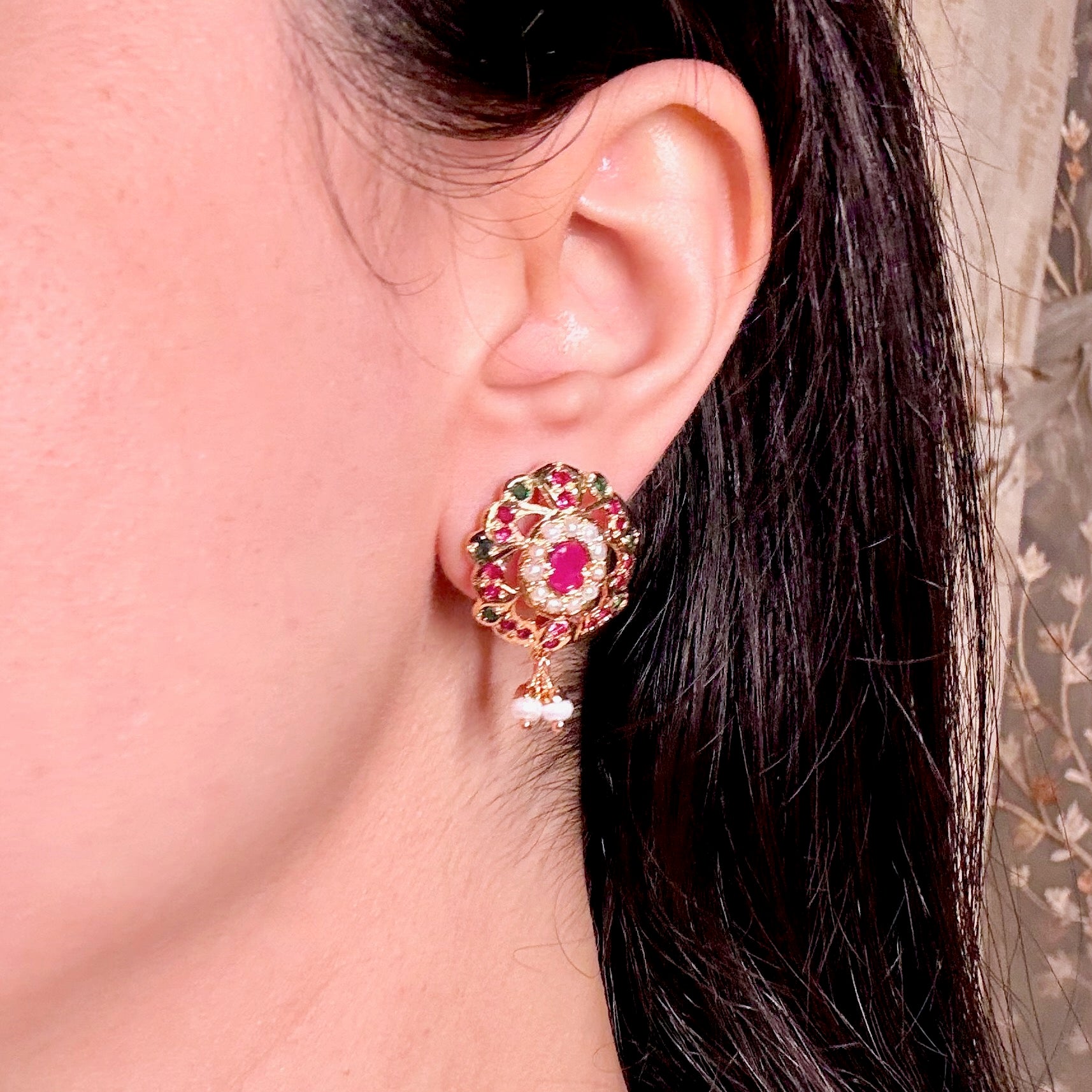 Cute Jadau Studs | Gold Plated on Mixed Metal Base BER 097
