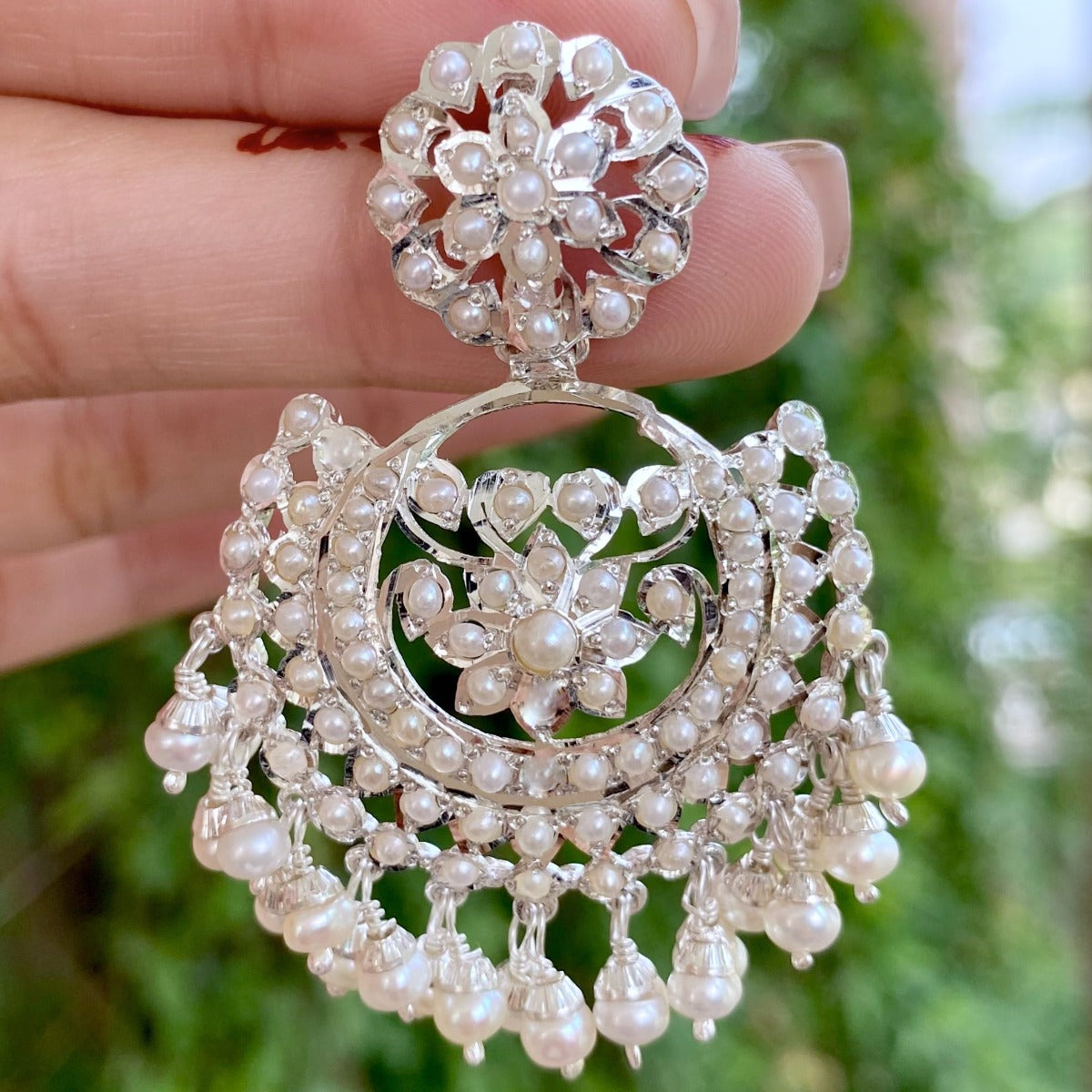 white silver chandbali earrings